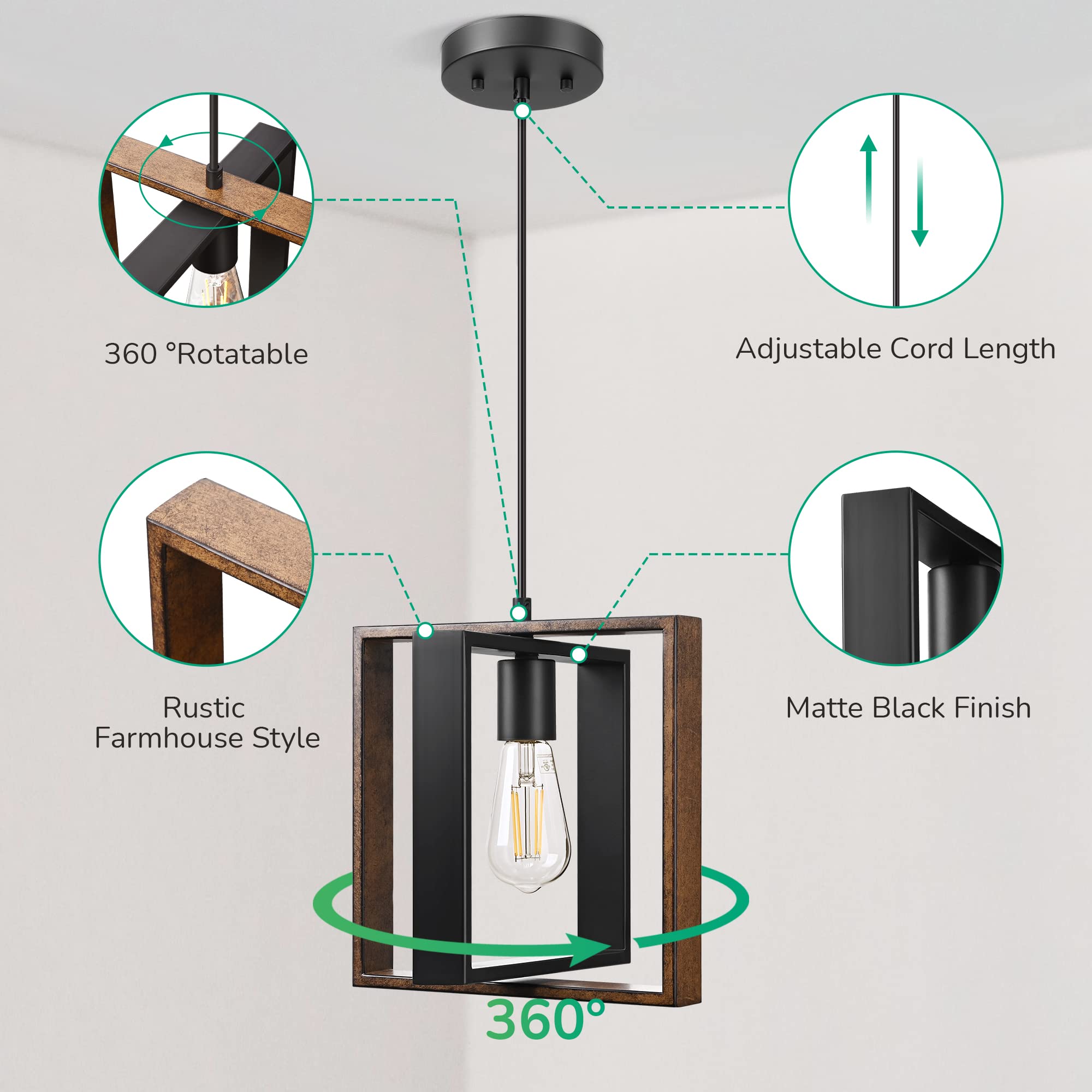 EDISHINE Farmhouse Pendant Light, Rustic Black & Wood Finish, Adjustable Cord, Model HHPL08C for Kitchen, Dining, Hallway
