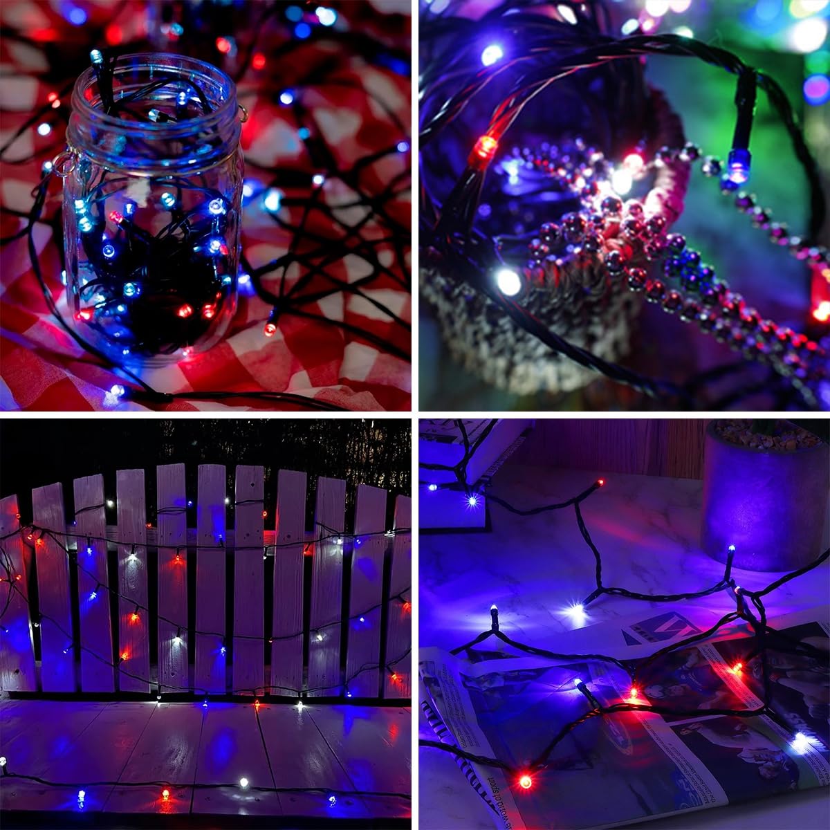 kemooie 500 LED Outdoor String Lights - Red, White & Blue - 8 Modes, Waterproof - 4th of July & Memorial Day Decor