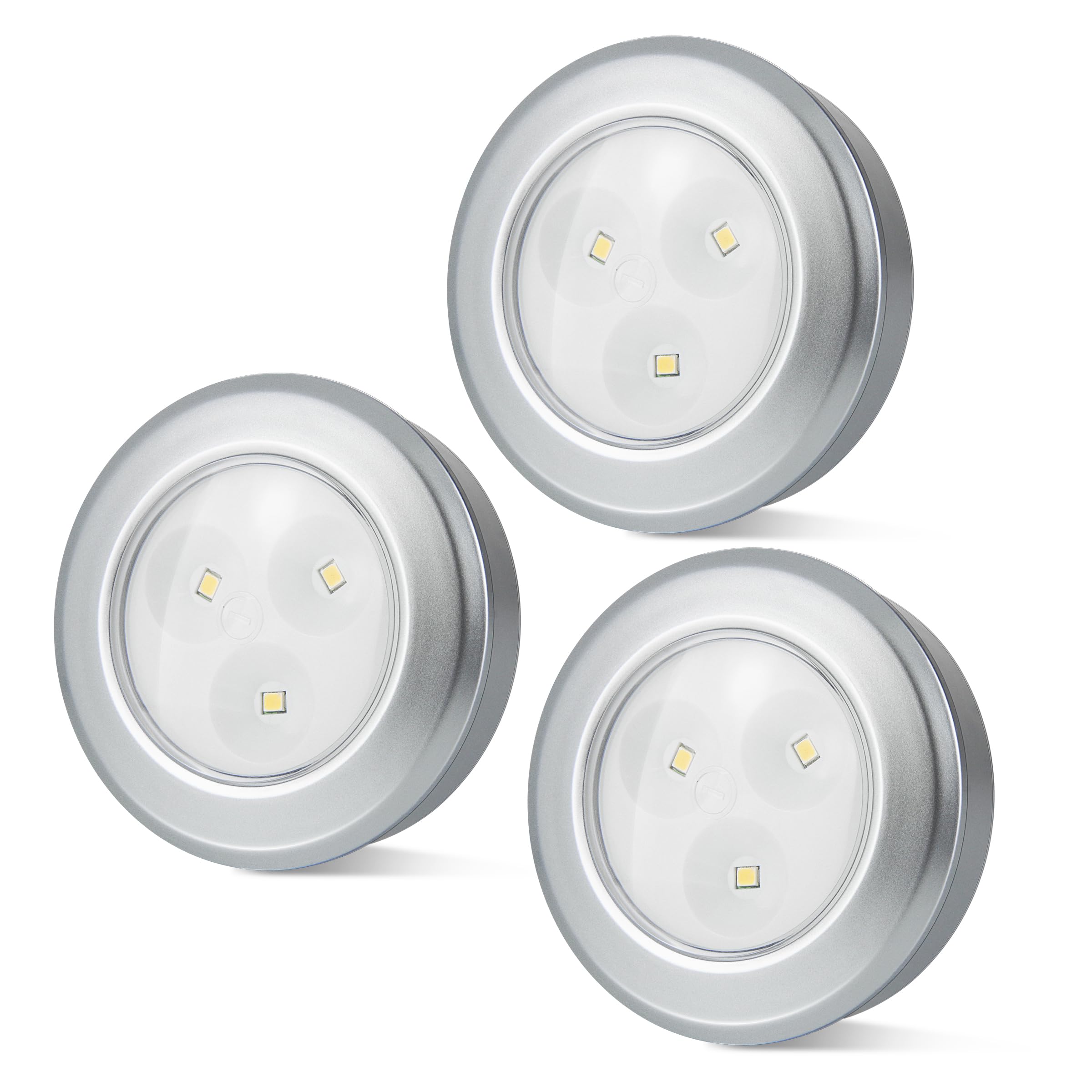 Bigmonat Led Puck Light  Stick On Lights  Closet Lights Battery Operated  Tap Lights  60 Lumens Touch Light  Under Cabinet Lighting  Ideal For Kitchen Cabinets  Closets  3-Pack  Silver