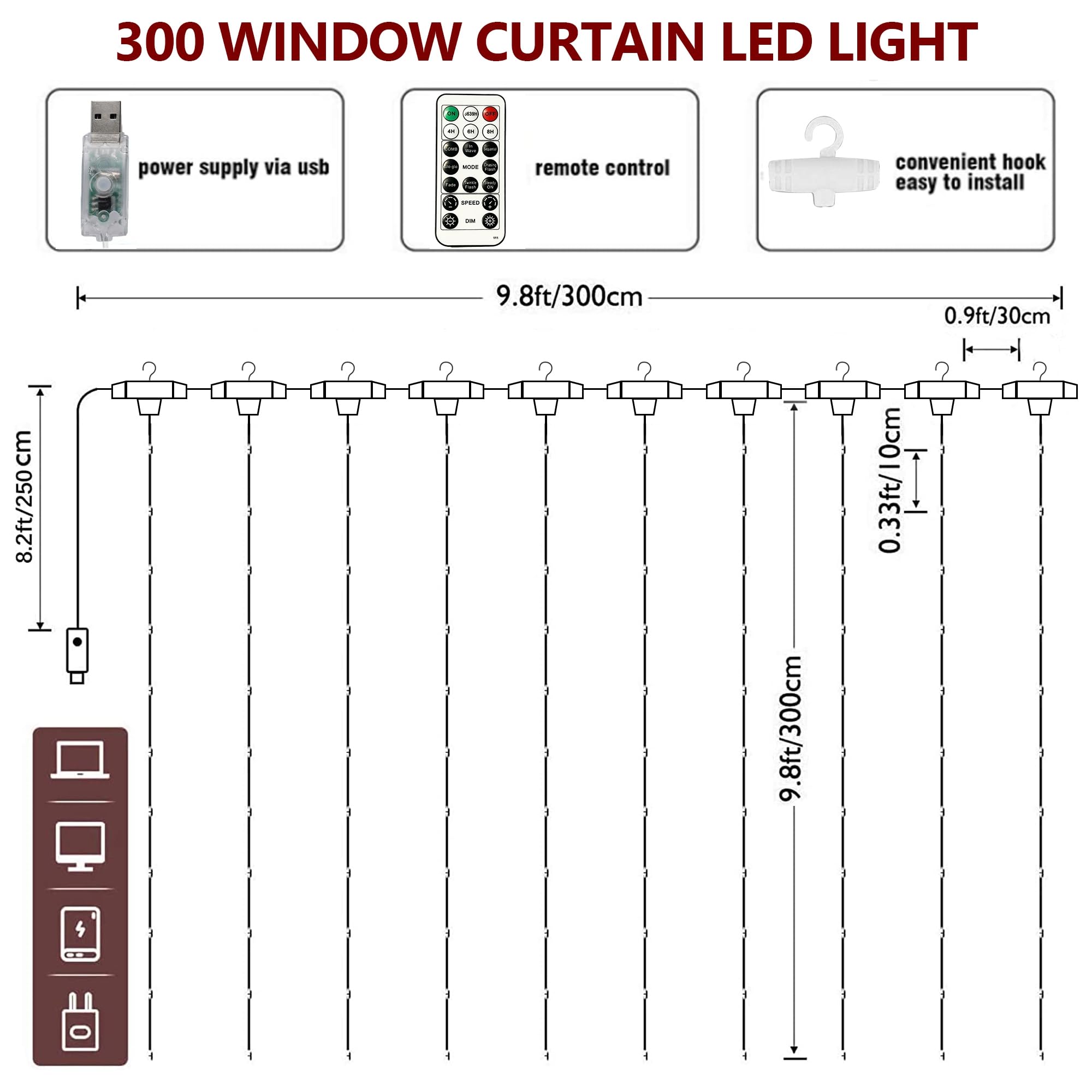 HOME LIGHTING 300 LED Window Curtain String Lights, Copper, 8 Lighting Modes, USB Powered, Waterproof, Cool White