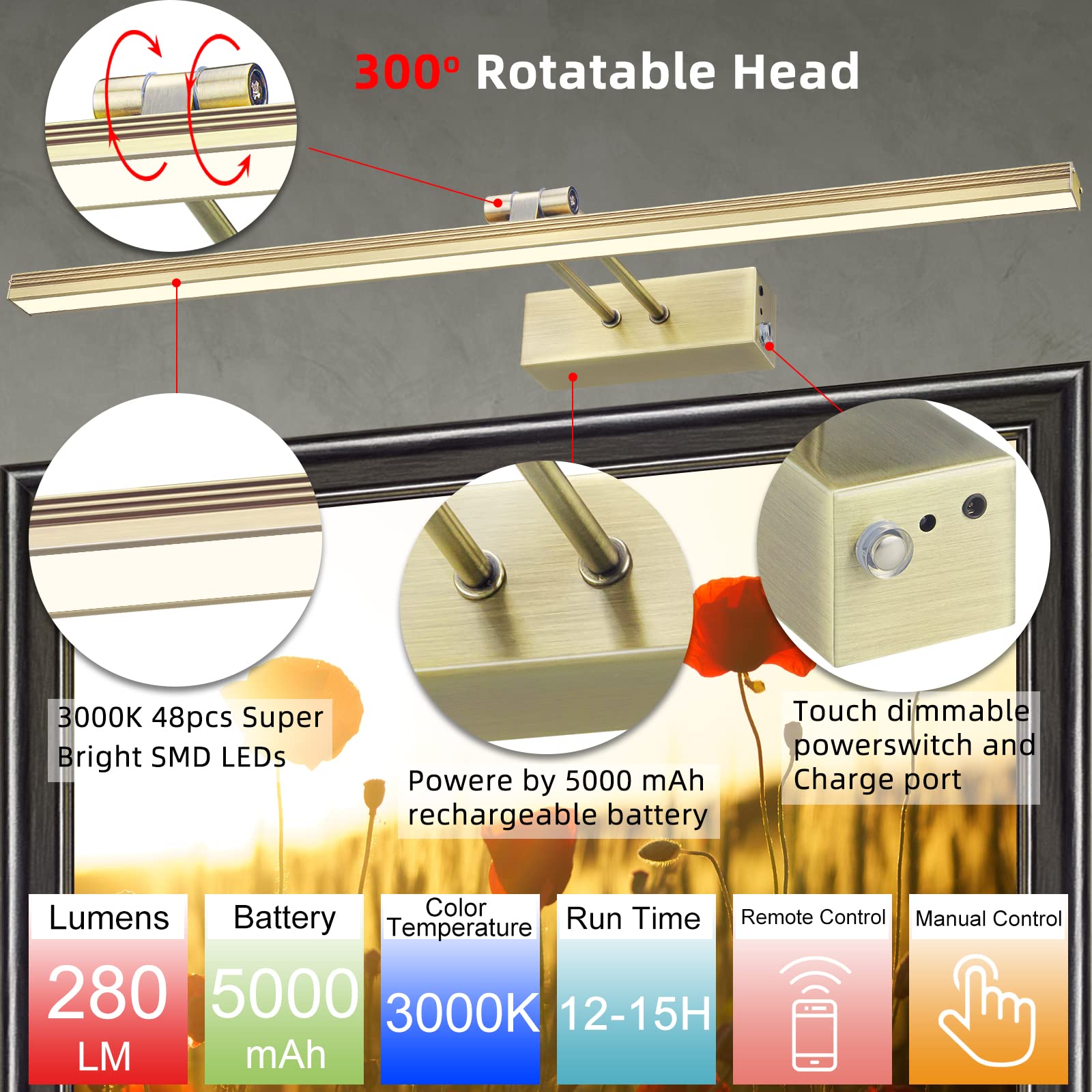 FUNCHDAY Picture Light, Wireless Remote Dimmable Art Light, 13in Antique Brass, Model FC70155L