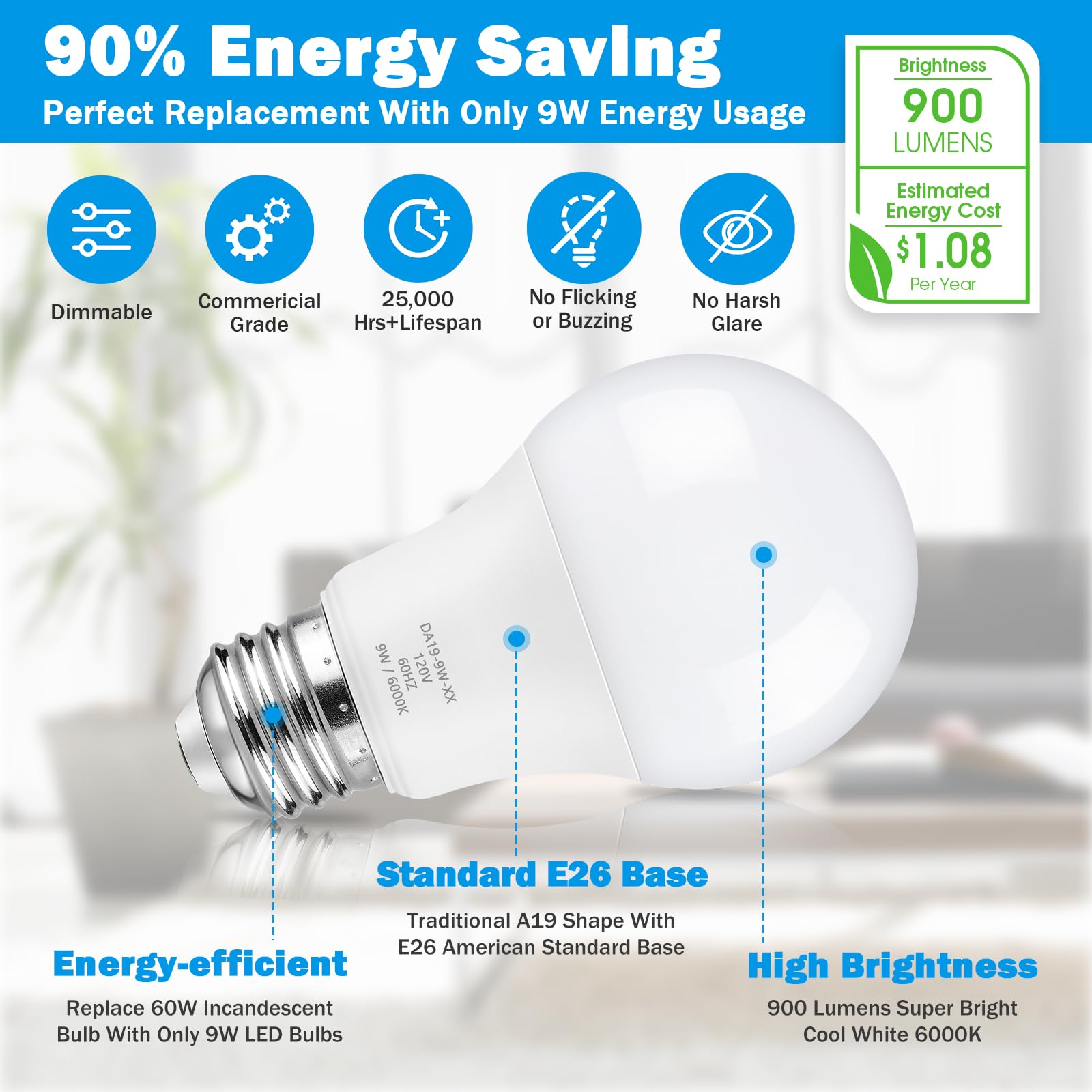 Maylaywood A19 Led Light Bulb, 60 Watt Equivalent Led Bulbs, 6000K Cool White, 900Lm, E26 Base, Dimmable, 9W Bright White, 4-Pack