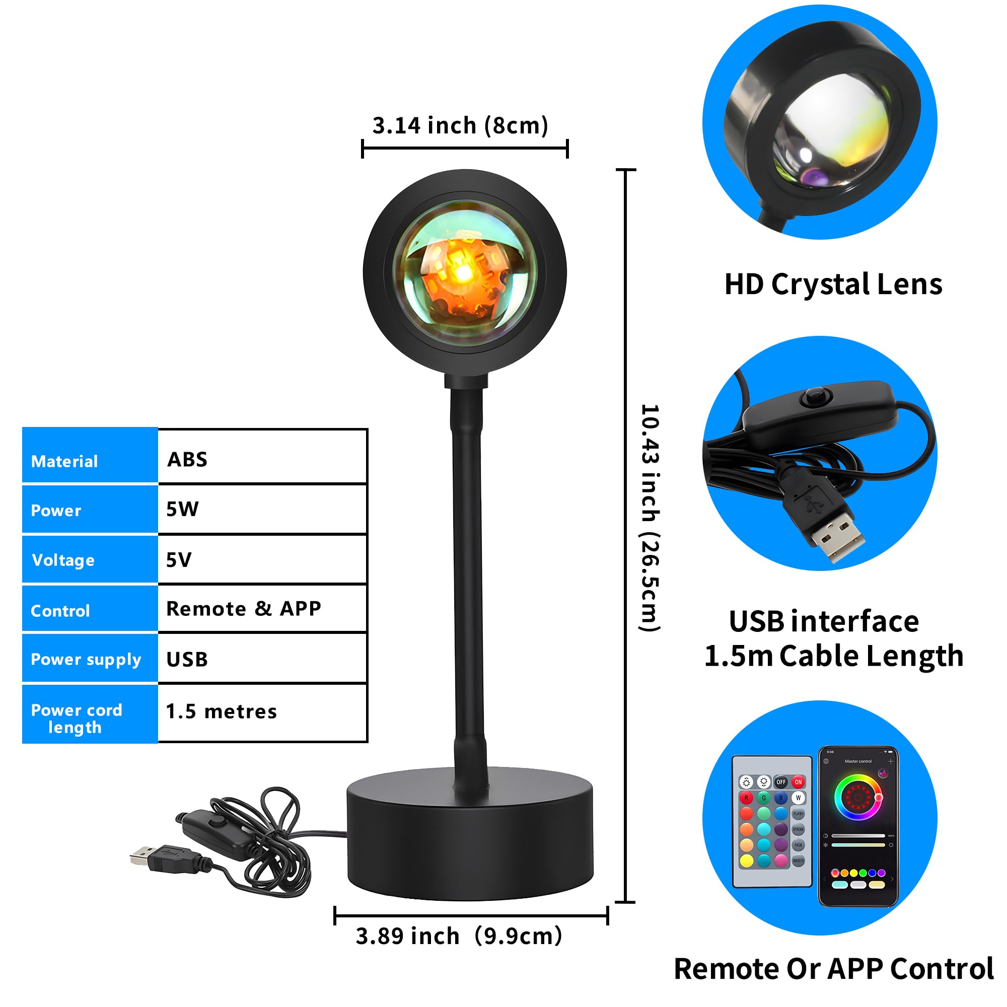 QST EXPRESS Sunset Lamp Projector, Multicolor Changed Night Light with Remote,APP Control, 360Rotation for Party, Bedroom Decor,
