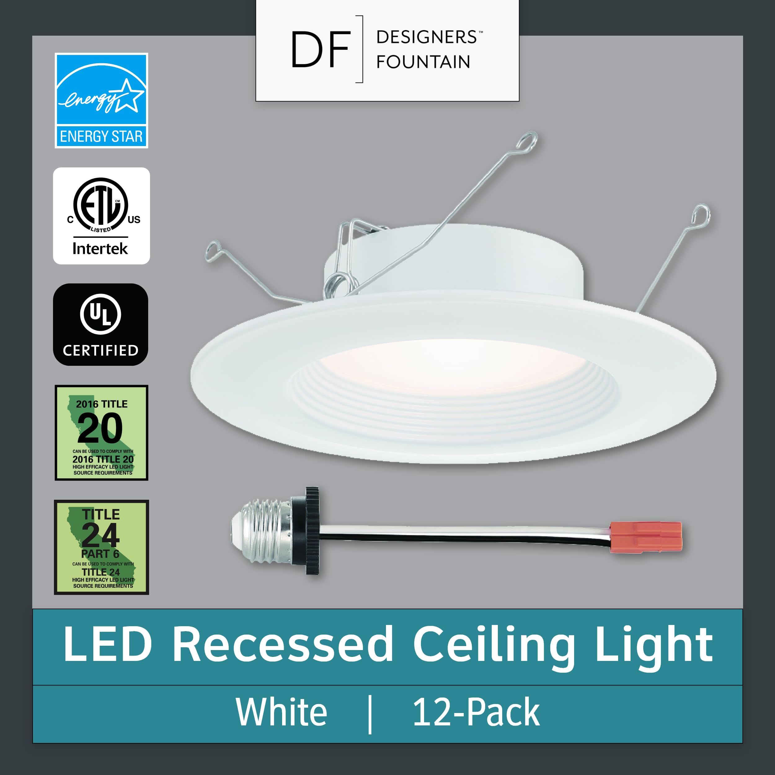 Designers Fountain Led Recessed Ceiling Lights, 12 Pack, 5''/6'' Retrofit Trim With E26 Socket Adaptor 5Cct Downlight Metal Ligh