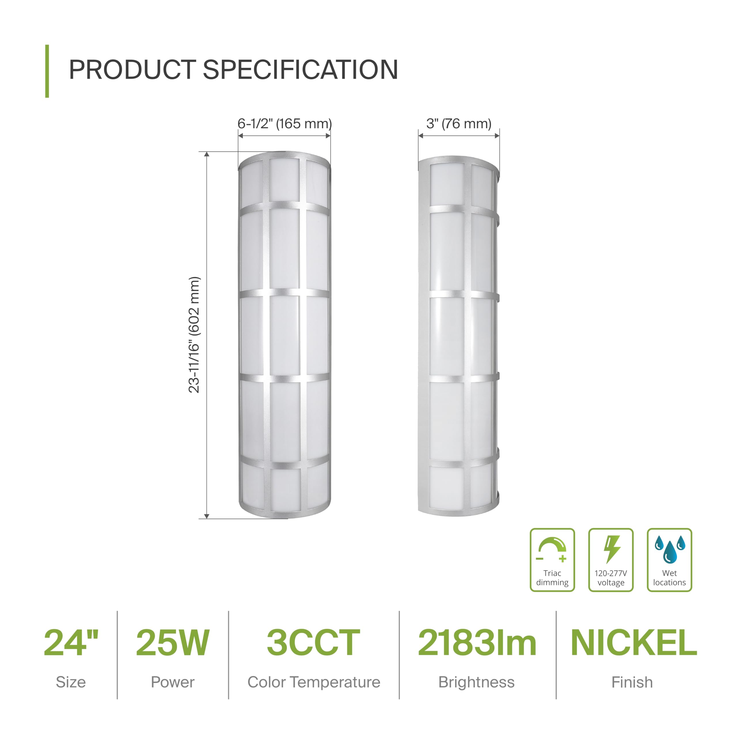 ASD 24 Inch LED Outdoor Wall Mount Light Fixture - Brushed Nickel, Dimmable, 120-277V, Model A-WS21GR-MV24D25N, 2