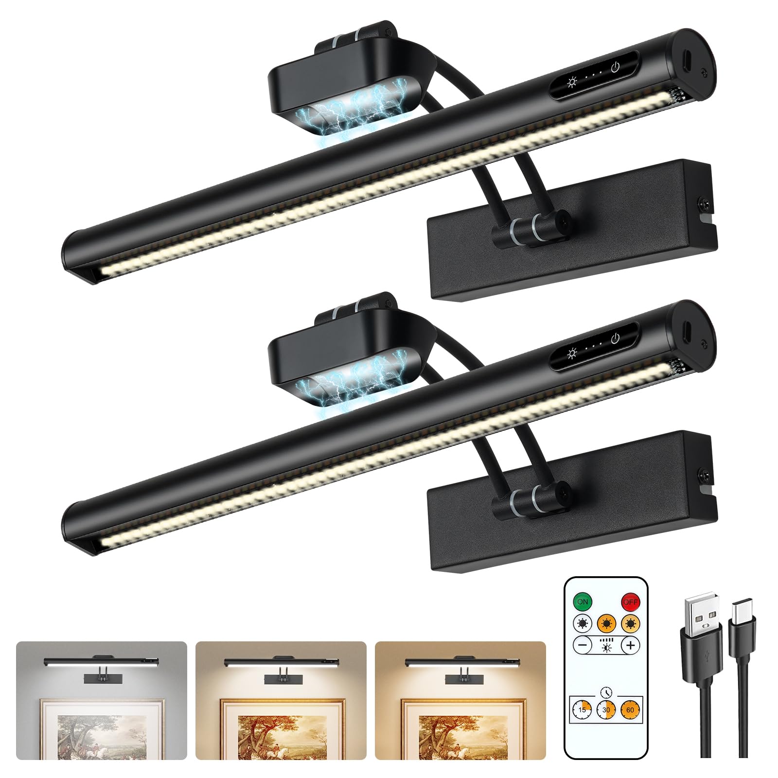 Magnetic Wireless Picture Light Rechargeable Battery Operated with Remote/Touch/Timer, Angle Adjustable 16in Metal Painting Ligh