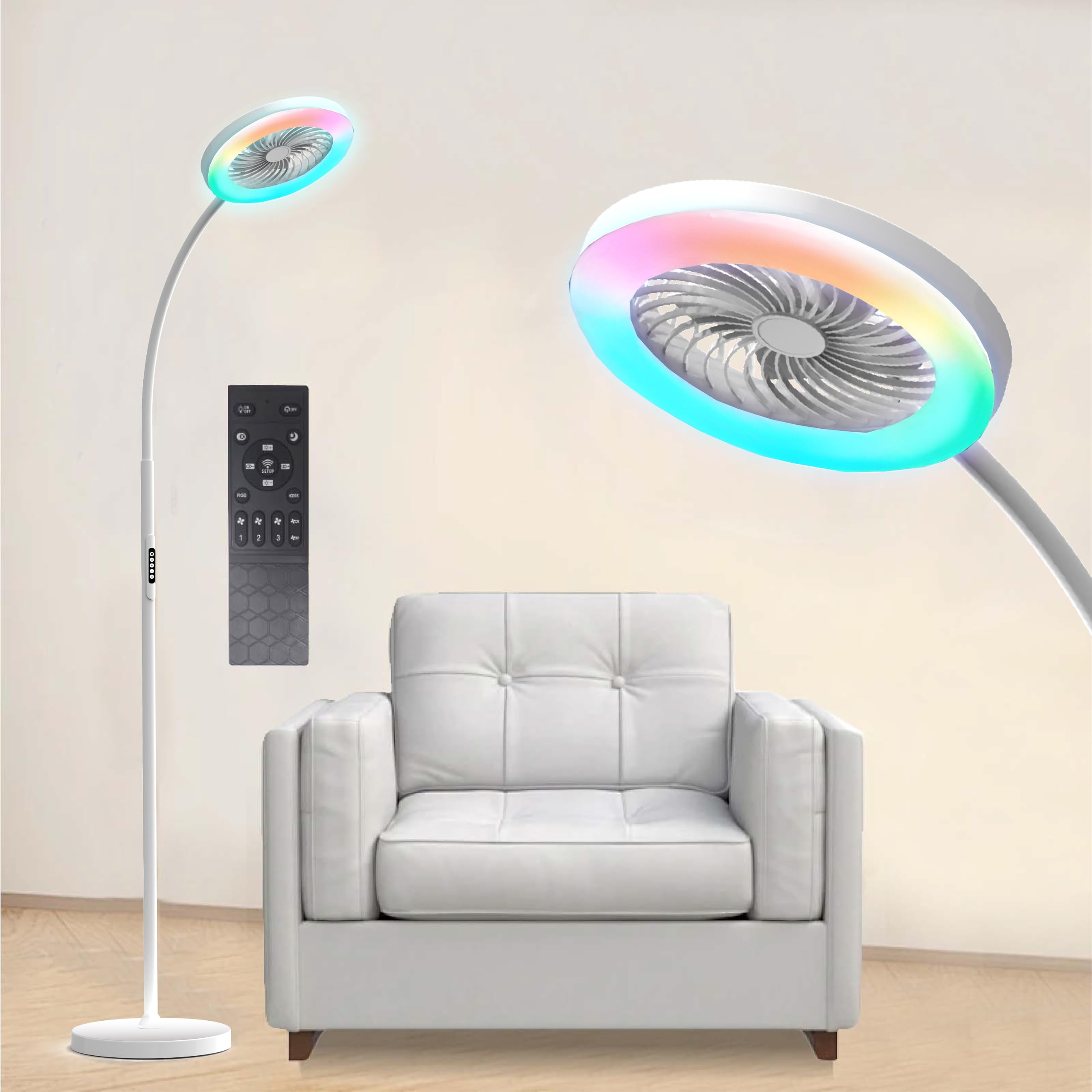 ONIDEK Floor Lamp with Fan Fan Light with RGB 18w/1500lm LED Floor Famp, Stepless Adjustable 3000K-6000K Color and Dimmer, Remot