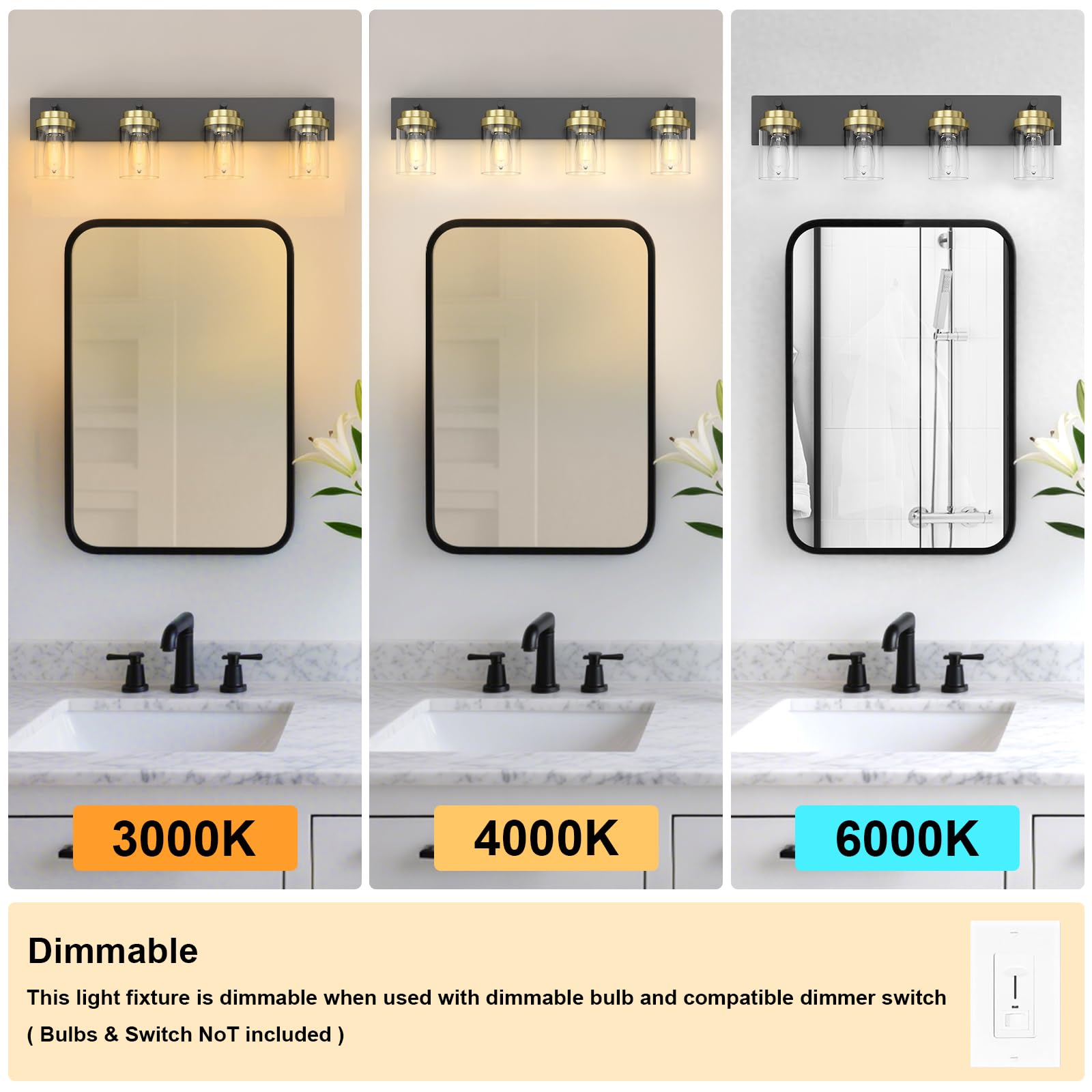 Izorro Bathroom Vanity Light Fixture  4-Light 27.5 Inch Black And Gold Bathroom Light Fixtures Over Mirror  With Clear Glass Shade  Modern Farmhouse Vanity Lights  Rustic Restroom Lighting Fixtures