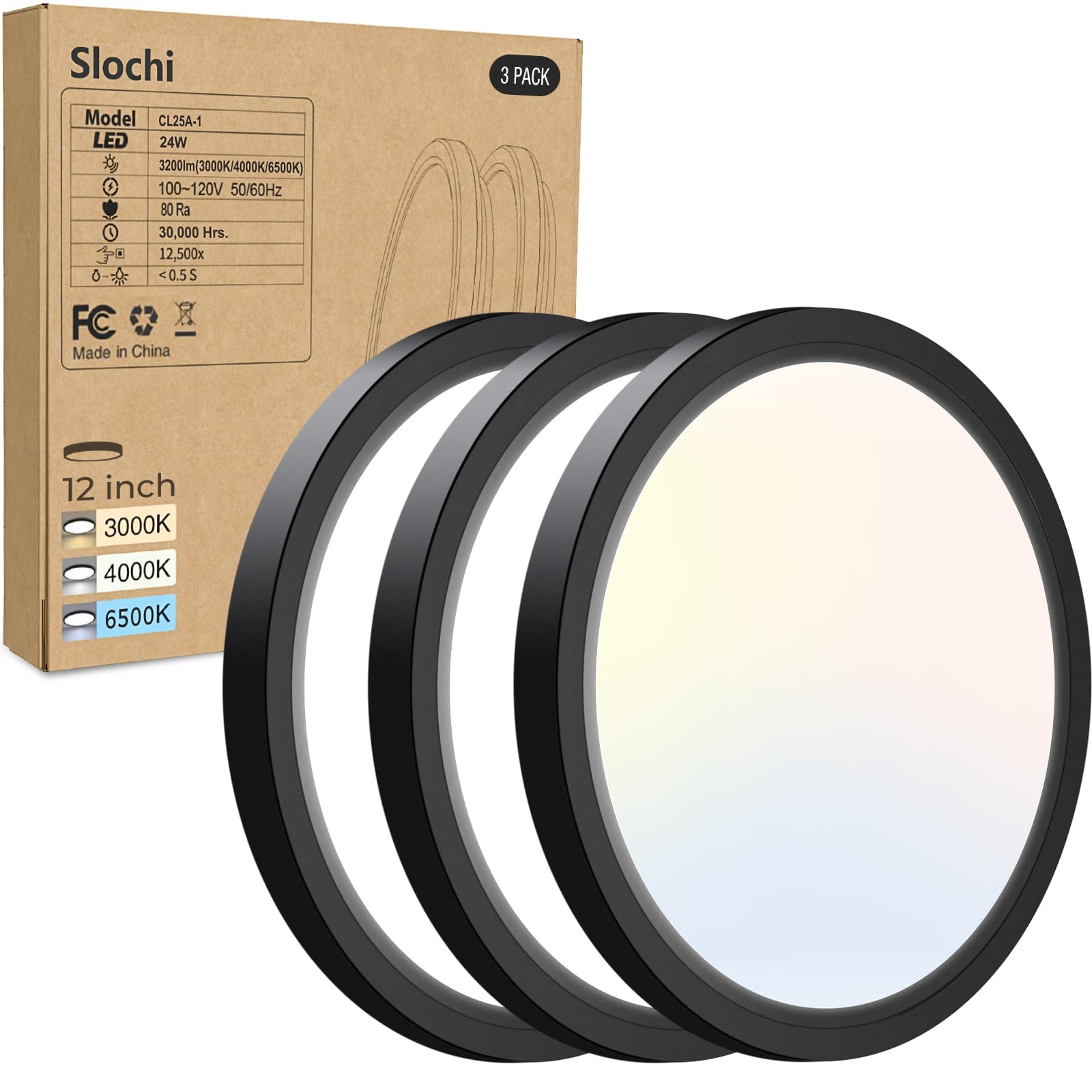 Slochi 3 Pack Flush Mount LED Ceiling Light Fixture, 12 Inch, 3000K-4500K-6000K, Black, 3200LM for Bedroom, Bathroom,