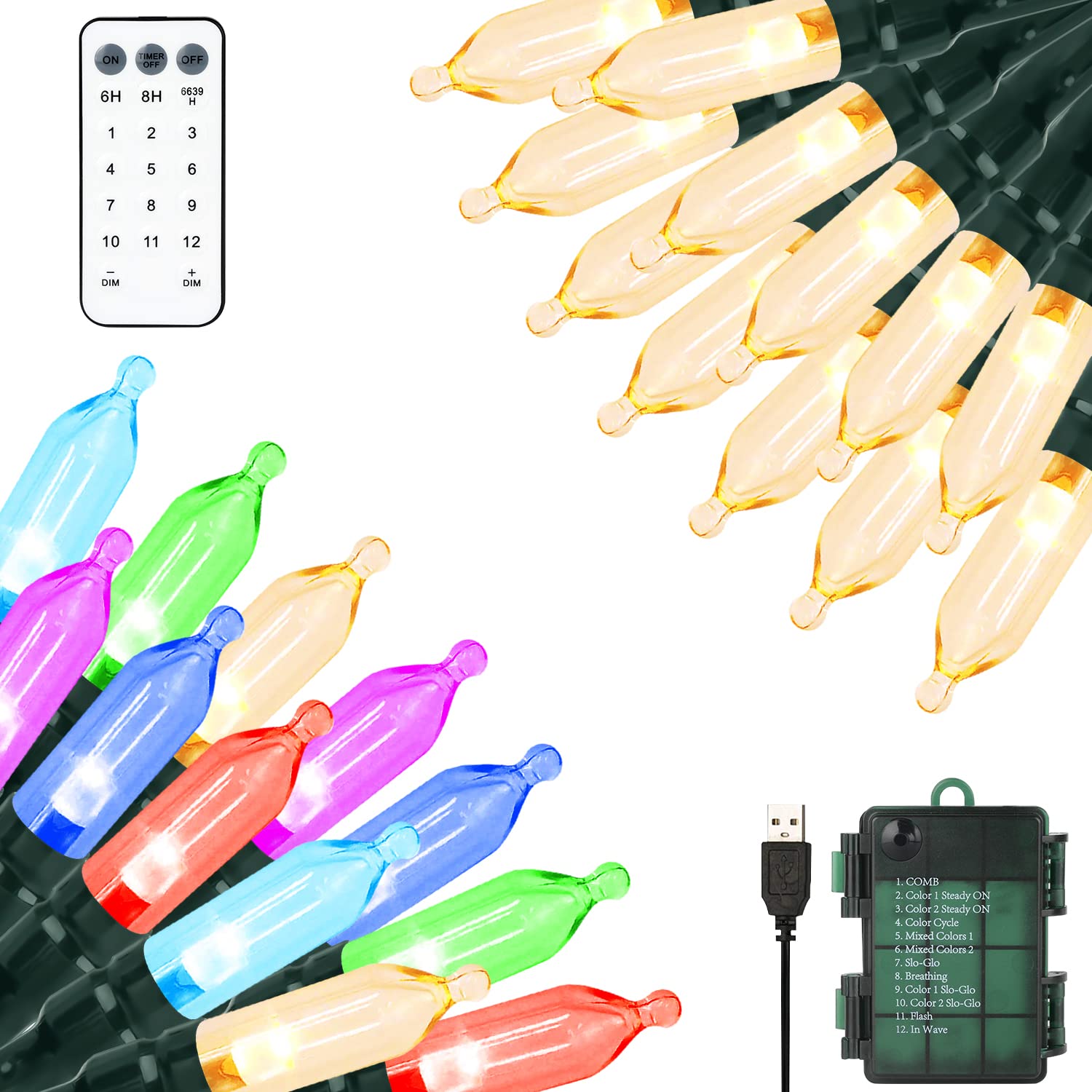 Green Convenience Christmas Lights 33ft 100 LED Battery String Lights with Timer Memory Function USB or Battery Powered Waterproof for Indoor Outdoor Decoration (Warm White& Multicolor)