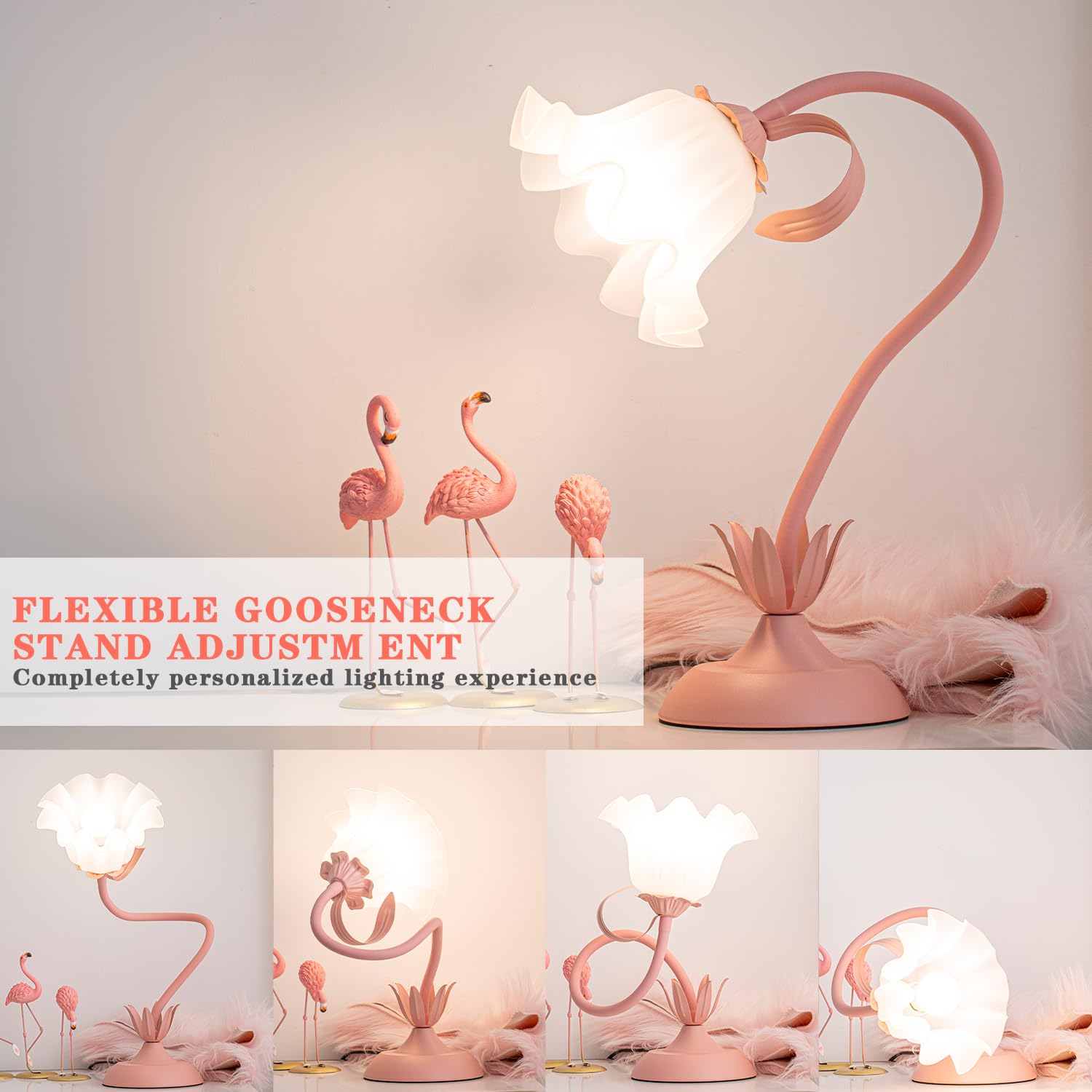 WERFOP Vintage Flower Table Lamp, LED Gooseneck Desk Lamp, Medium, Metal, Pink, Model FTL0830