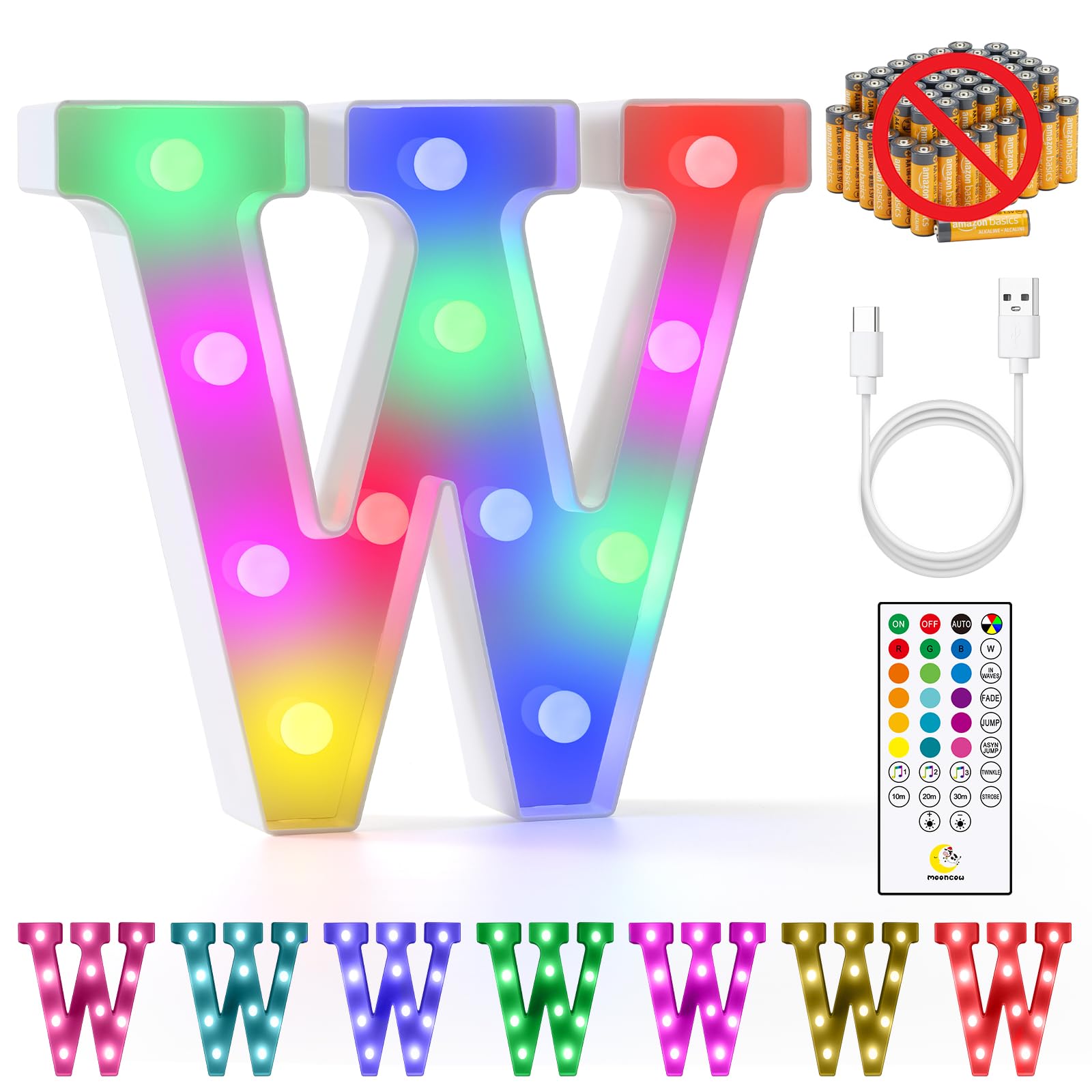 Mooncow Rechargeable Light Up Letters,Colorful Marquee Letters With Remote,Gift Wrap Gifts,Bedroom Home Bar Party Decor (W)