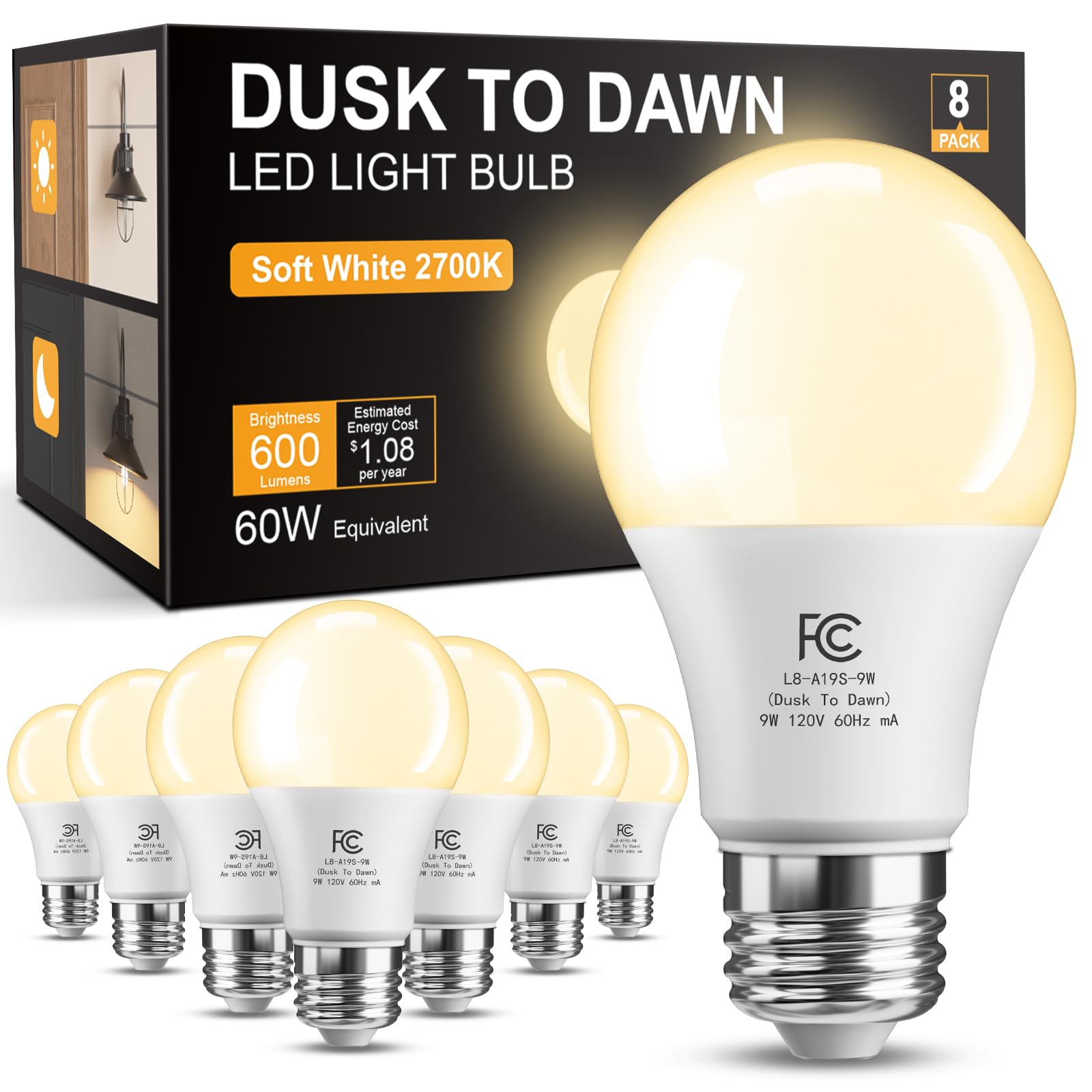 TJOY Dusk to Dawn Light Bulbs, 8 Pack, LED Photocell Bulb, 9W Energy Efficient, Soft White 2700K, E26 Base, Model QASN