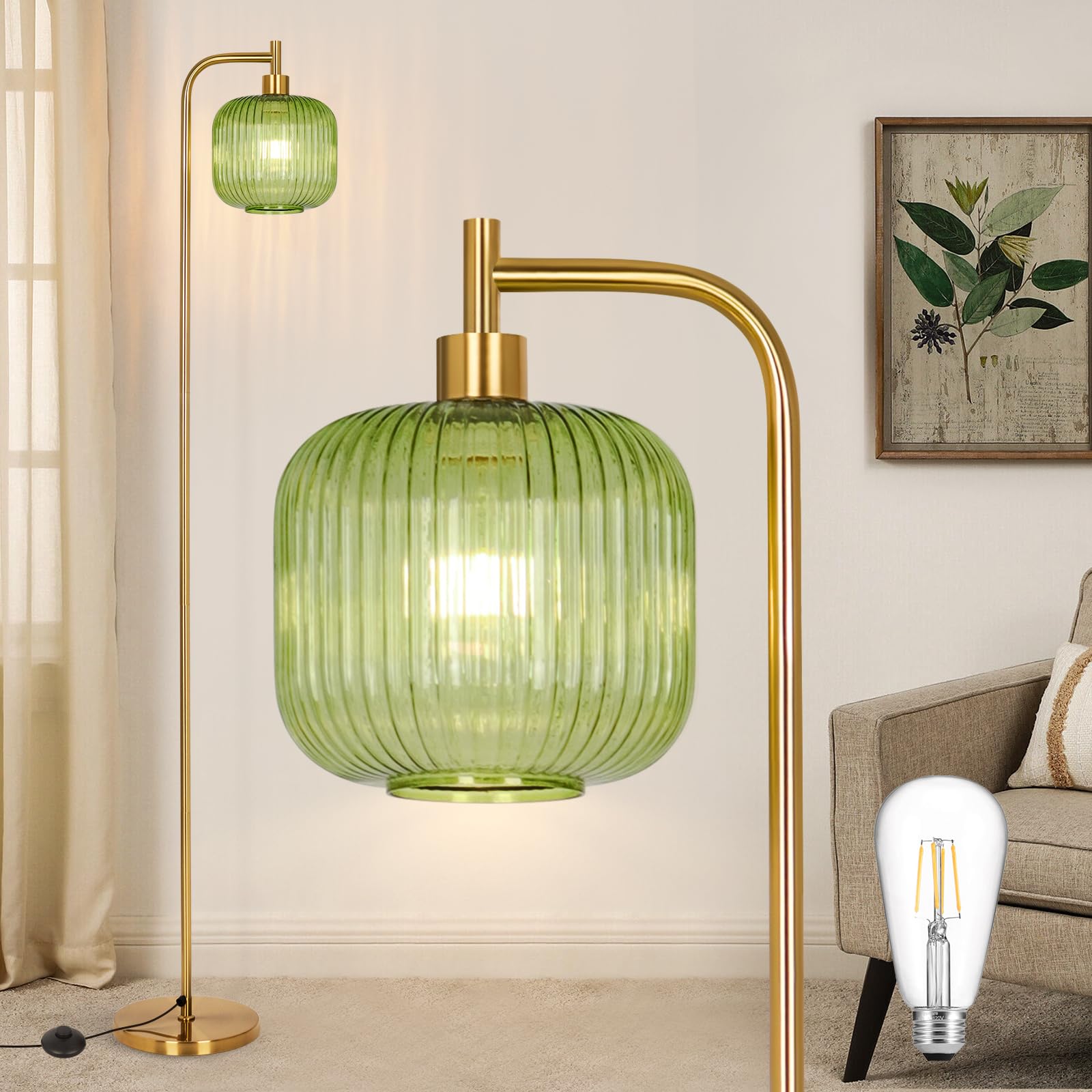 Adisun Glass Floor Lamp For Living Room, Modern Floor Lamp Ribbed Glass Lampshade Pedal Switch, Tall Lamp For Bedroom Study Room