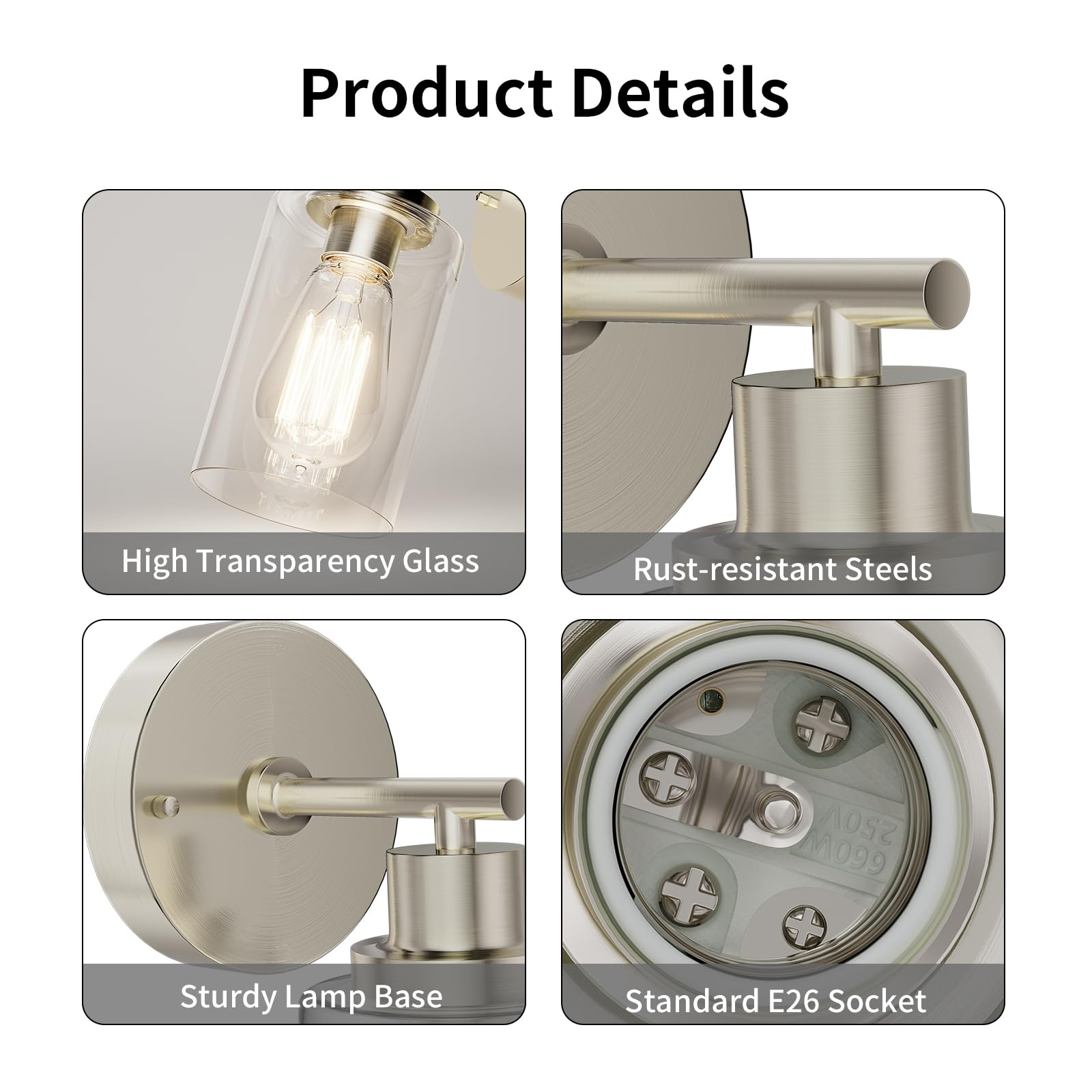 Buthy Bathroom Wall Sconces Set Of Two: Brushed Nickel Vanity Light Fixtures With E26 Base Led Cordless Indoor Wall Mount Lamp For Mirror Bedroom Hallway Stairway Modern Decor Lighting
