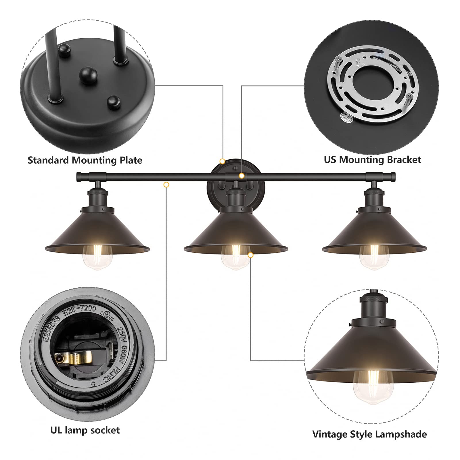 Licperron 3-Light Black Bathroom Vanity Light Fixture, Metal Shade, Wall Mounted Sconce for Bathroom Mirror or Living Room