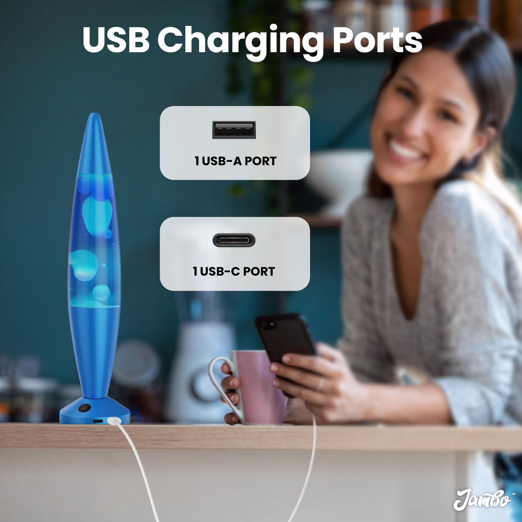 JAMBO Liquid Lamp with USB Ports, 16in Motion Light, Blue Base, Blue Liquid, White Wax, Model 59000