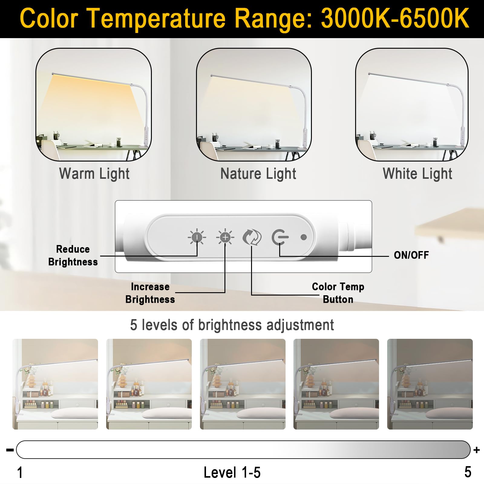 CGBE 360° Adjustable Nail Lamp - 23.6-Inch LED Desk Light with 3 Color Modes & 5 Brightness Levels - White, Aluminum