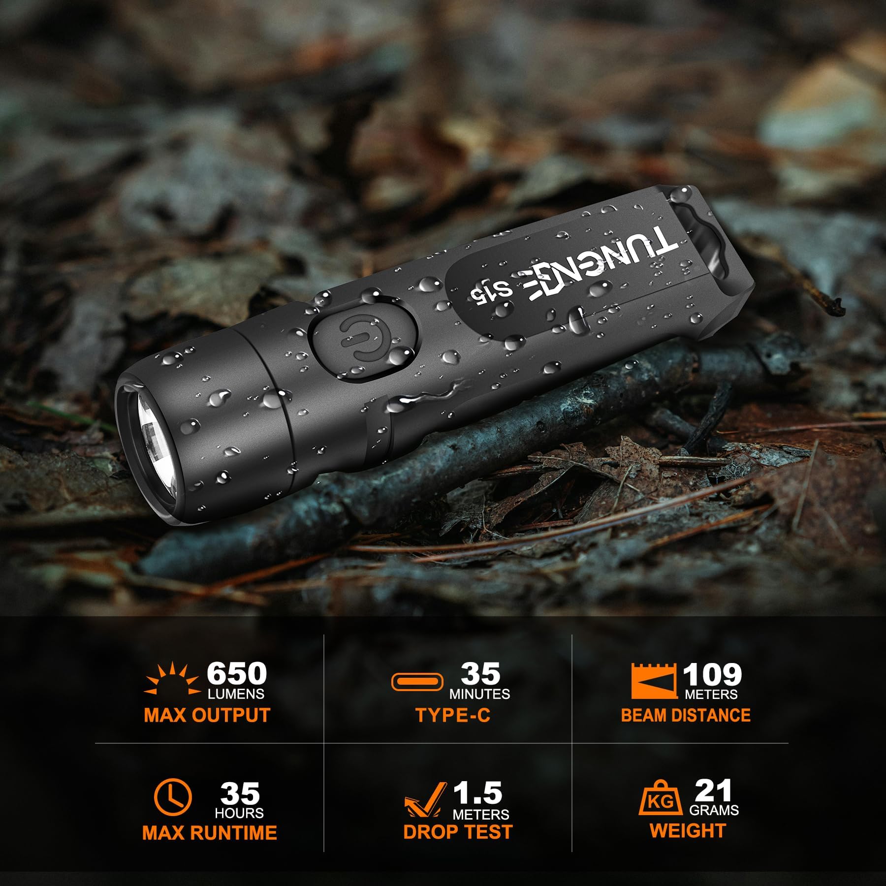 TUNENGE Rechargeable Keychain Flashlight - 650 Lumens Mini EDC, Small, Black, Model S15-Black for Camping & Emergencies