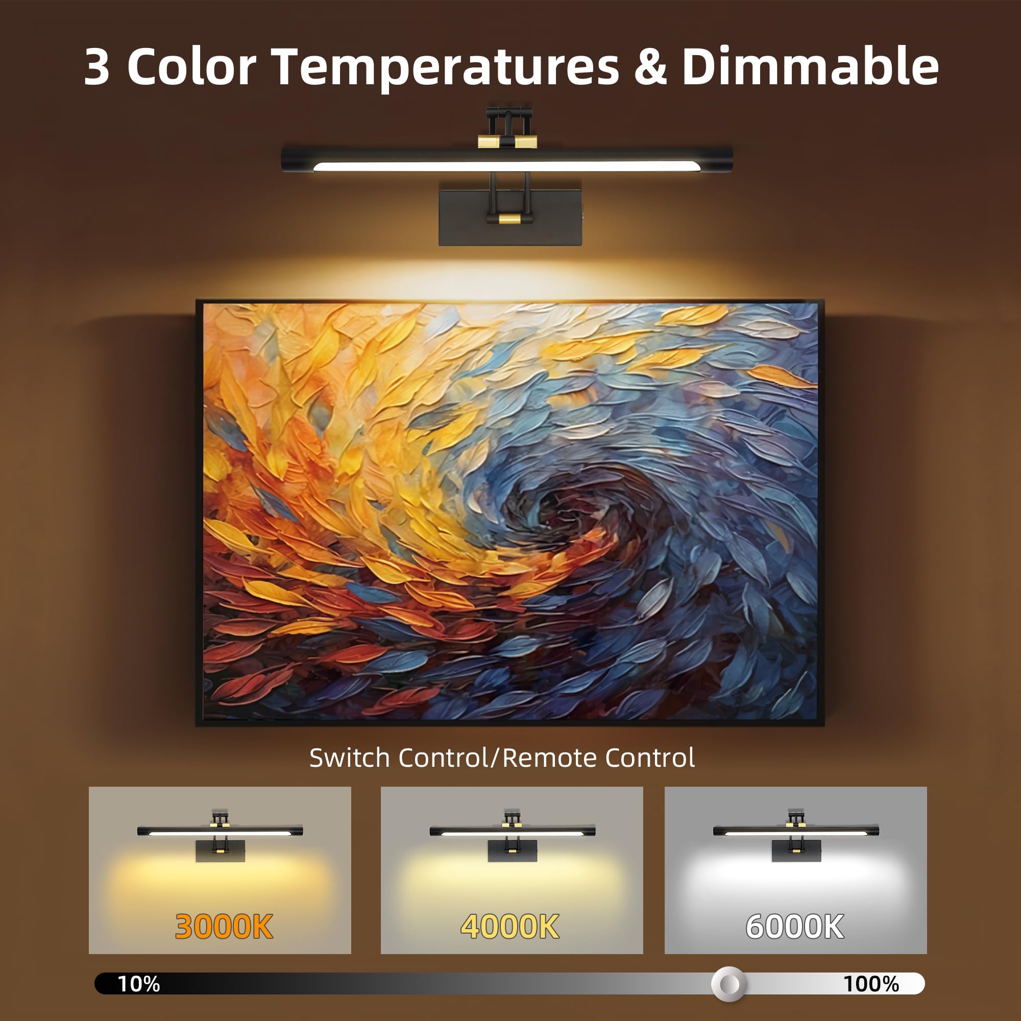 Neymlya 16" Wireless Picture Light, Rechargeable, Dimmable, Black Gold - 3000K/4000K/6000K, Remote Controlled, Model 16IN