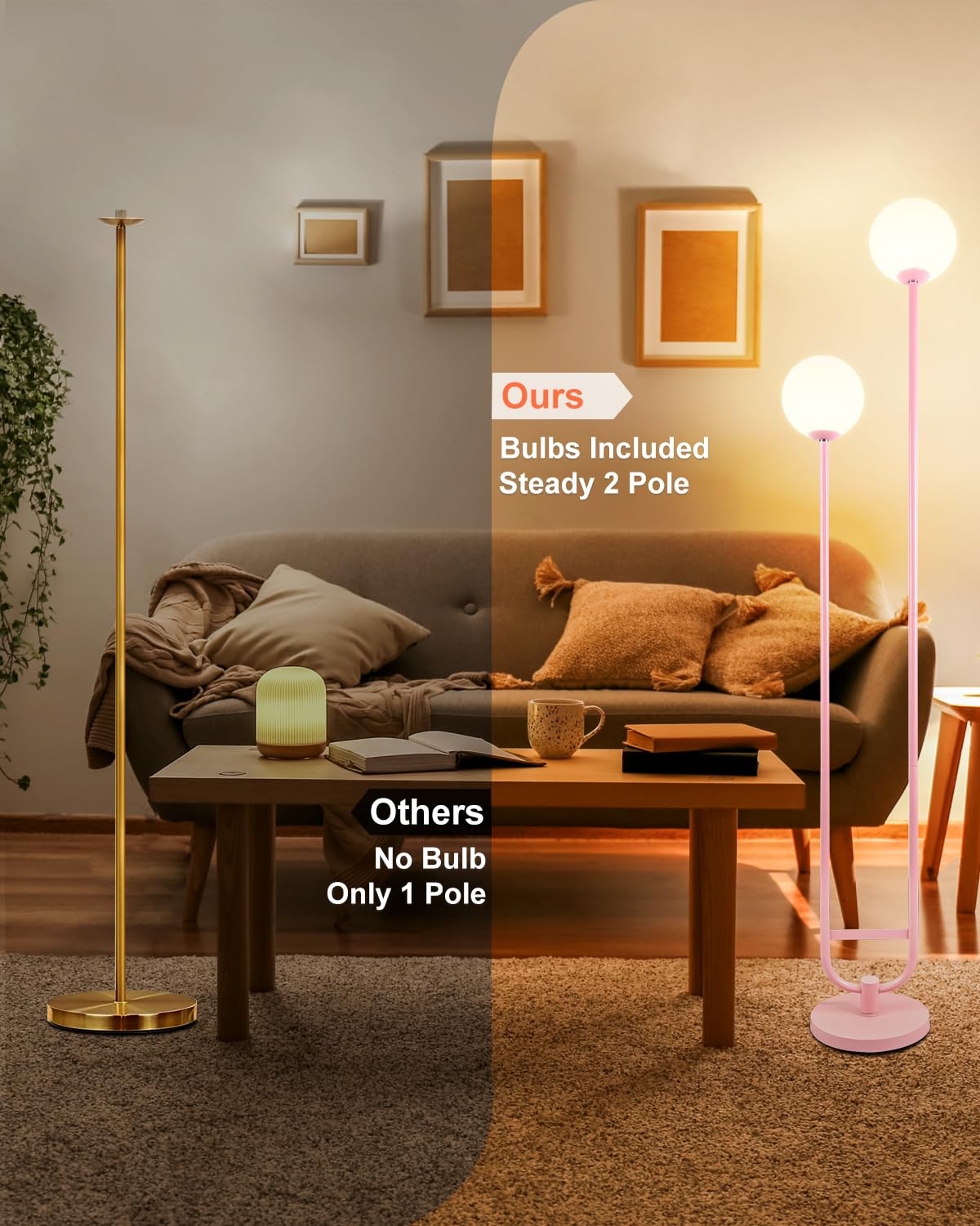 Lightdot 63IN Gold Floor Lamp - 2 Globe Mid Century Design with Warm White LED Bulbs, Unique Vintage Style for Living Room/Wedding/Party