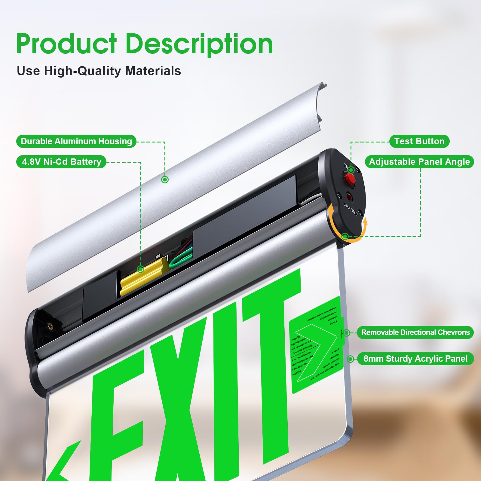 SASELUX Led Edge-Lit Exit Sign, Green, Single-Sided, Hardwired with Battery Backup, Model SL89G, Brushed Aluminum Housing