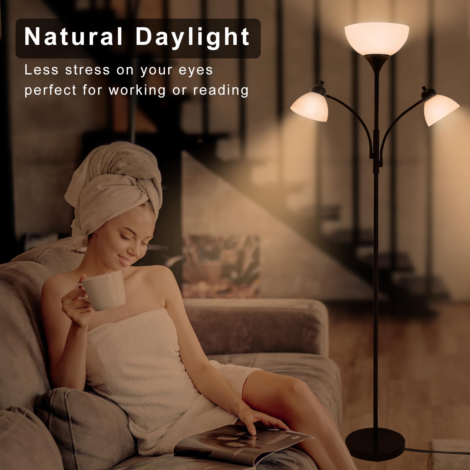 Rislg Floor Lamps For Living Room,Standing Lamp With Stepless Dimming, 3 Lights Adjustable Reading Lights, Morden Tall Lamps For