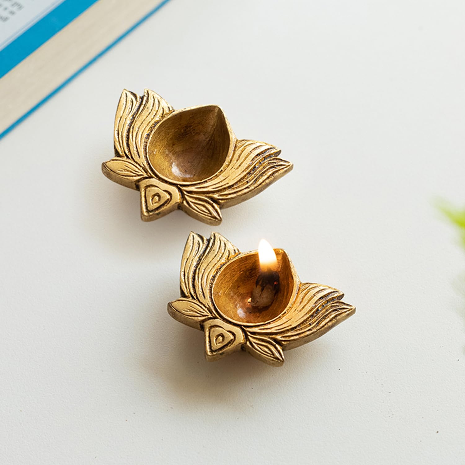 ExclusiveLane Lotus Shaped Brass Diya for Puja Room Mandir (Pure Brass, Set of 2, 0.2 Kg) | Hand-Carved Table Diya for Gift Bras