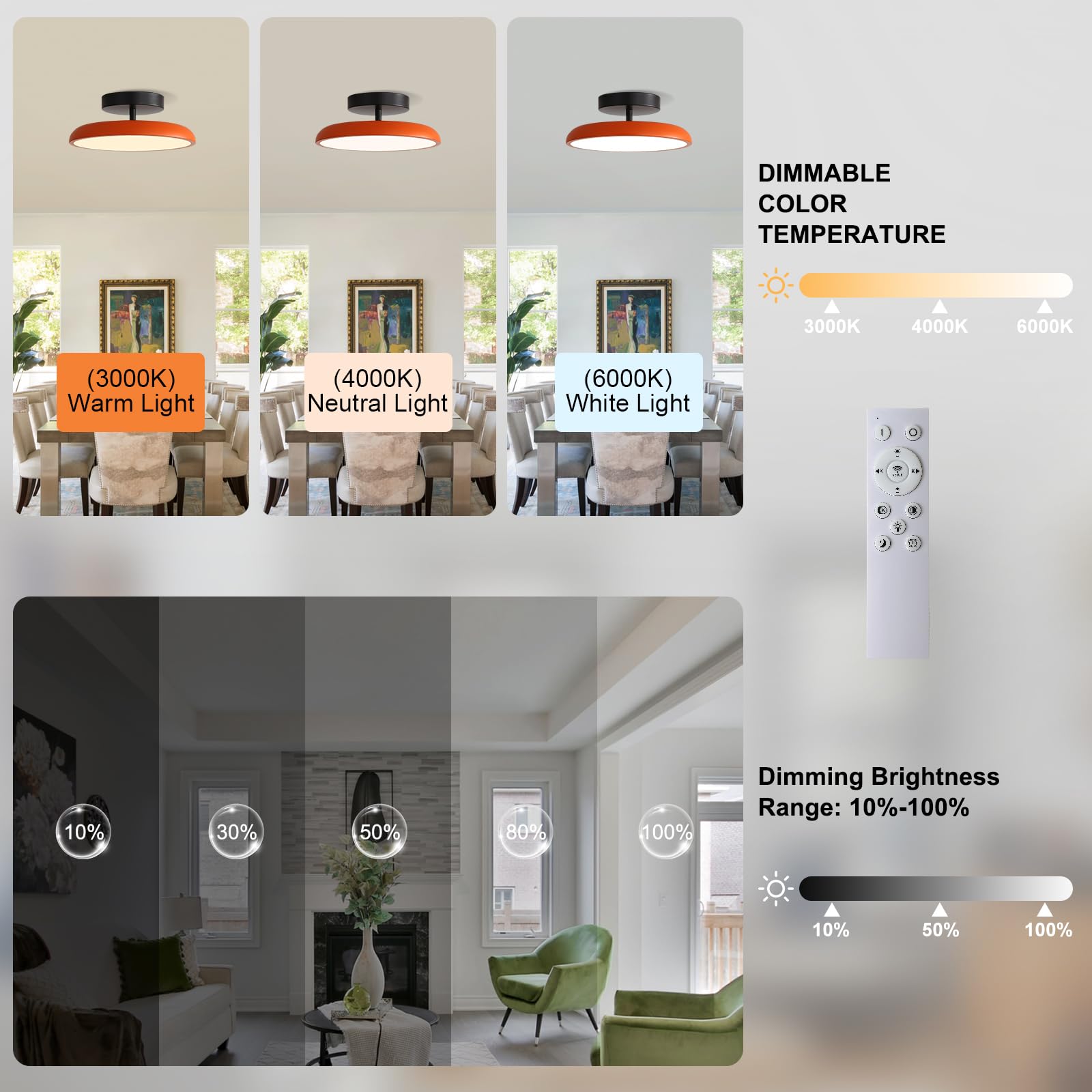 Maayhow Ceiling Light Semi Flush Mount, Vintage Orange Ceiling Light Fixtures, Remote Control 3CCT Dimmable, 15.7 Inch Mid Centu