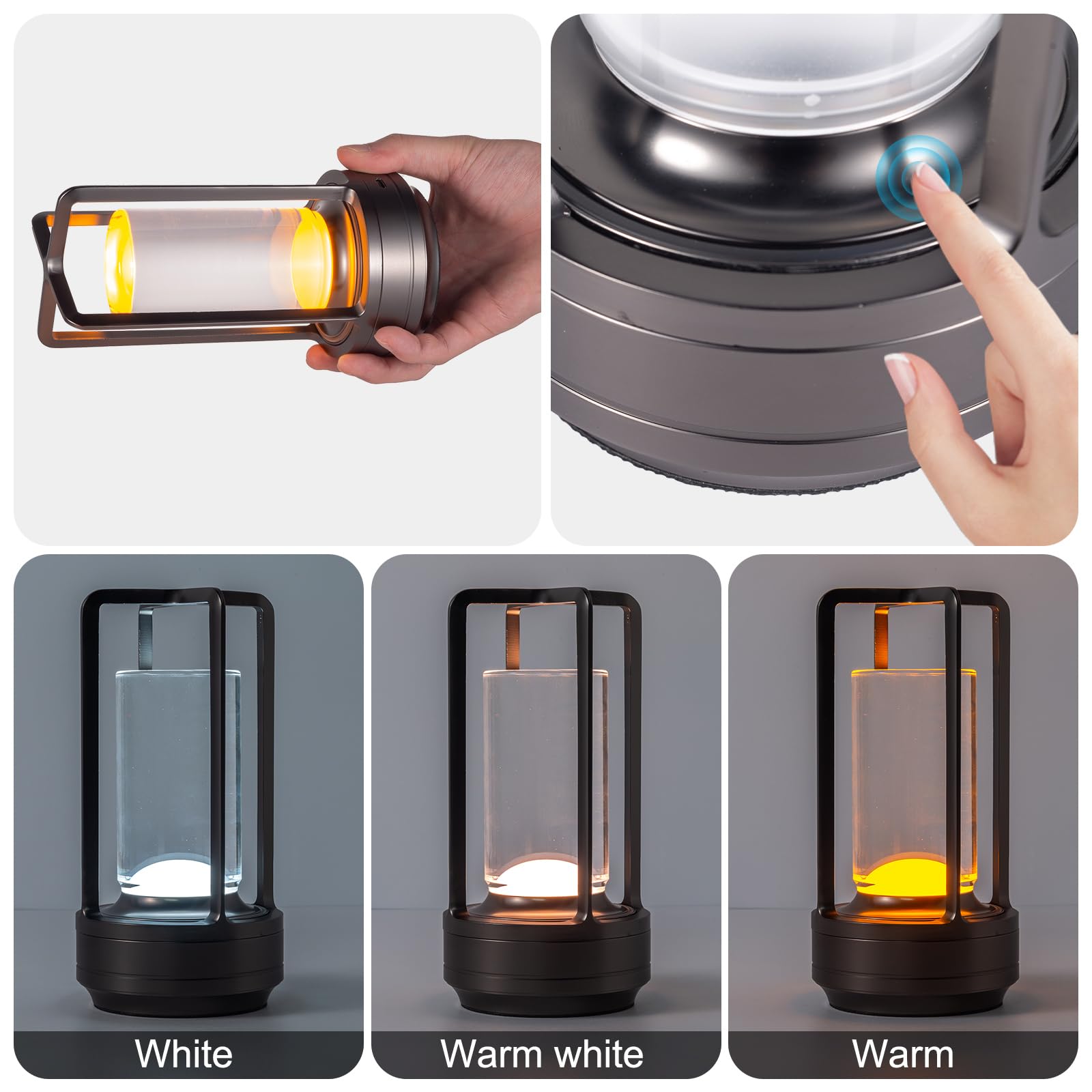 Portable Metal Table Lamp For Indoor/Outdoor ,Rechargeable Cordless Led Lamp, 3-Colour Infinitely Dimming Battery Powered Small