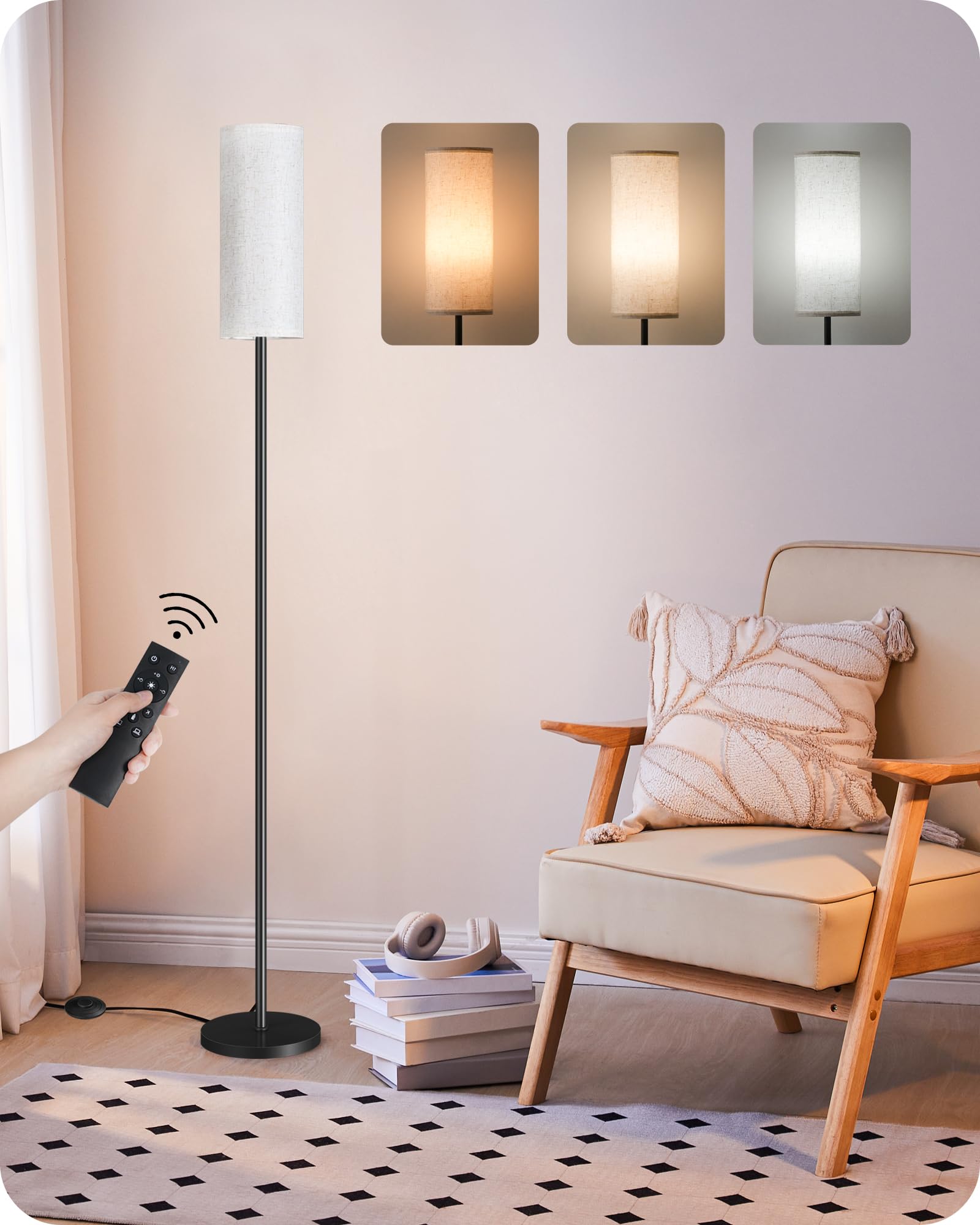 Goebleson Dimmable Floor Lamp With Remote, 66'' Tall Linen Shade, 10W Led For Living Room, Black