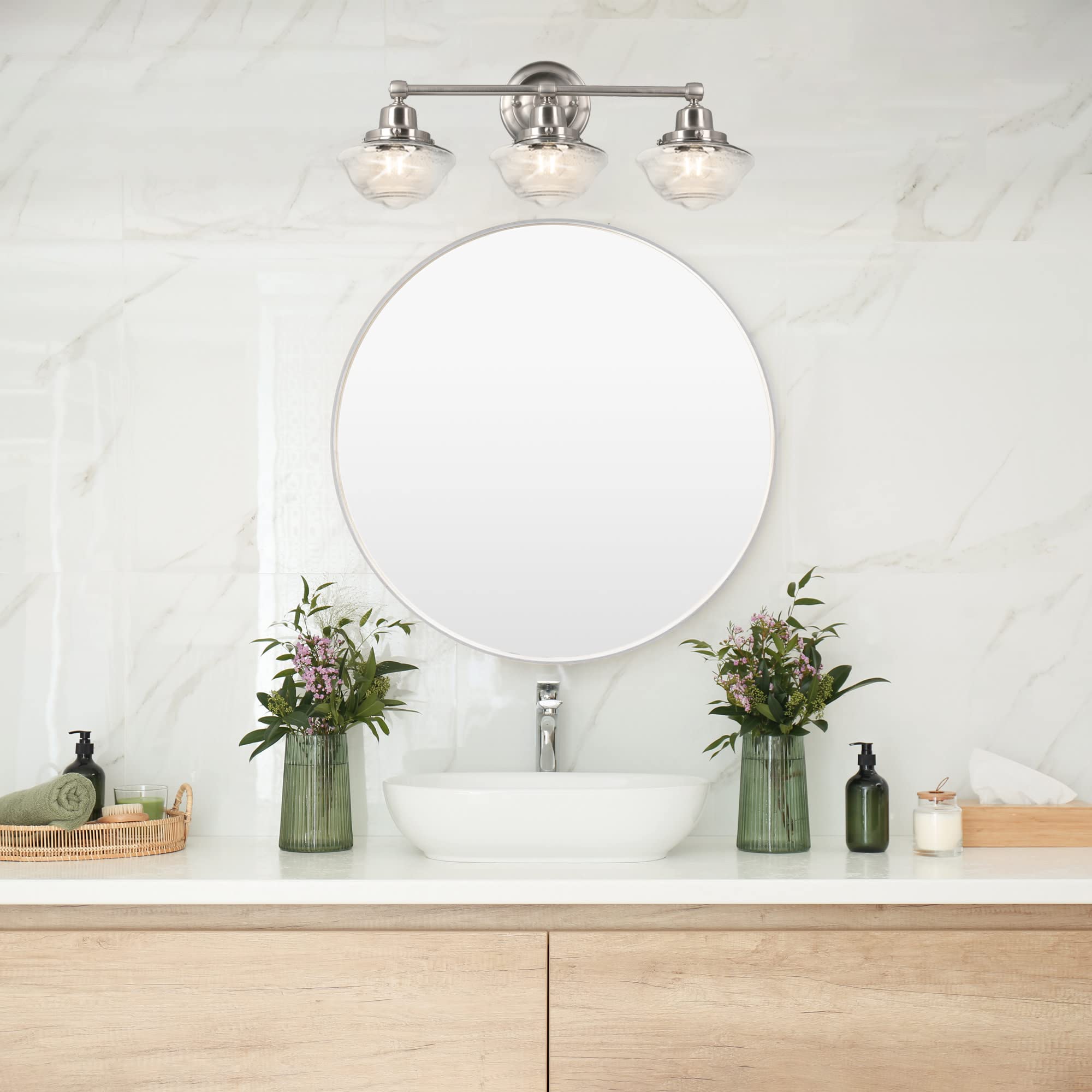 Design House Vintage-Inspired 3-Light Dimmable Vanity Light, Satin Nickel, Clear Seeded Glass Shades, 23.125 in x 7.625 in x 9.5 in,