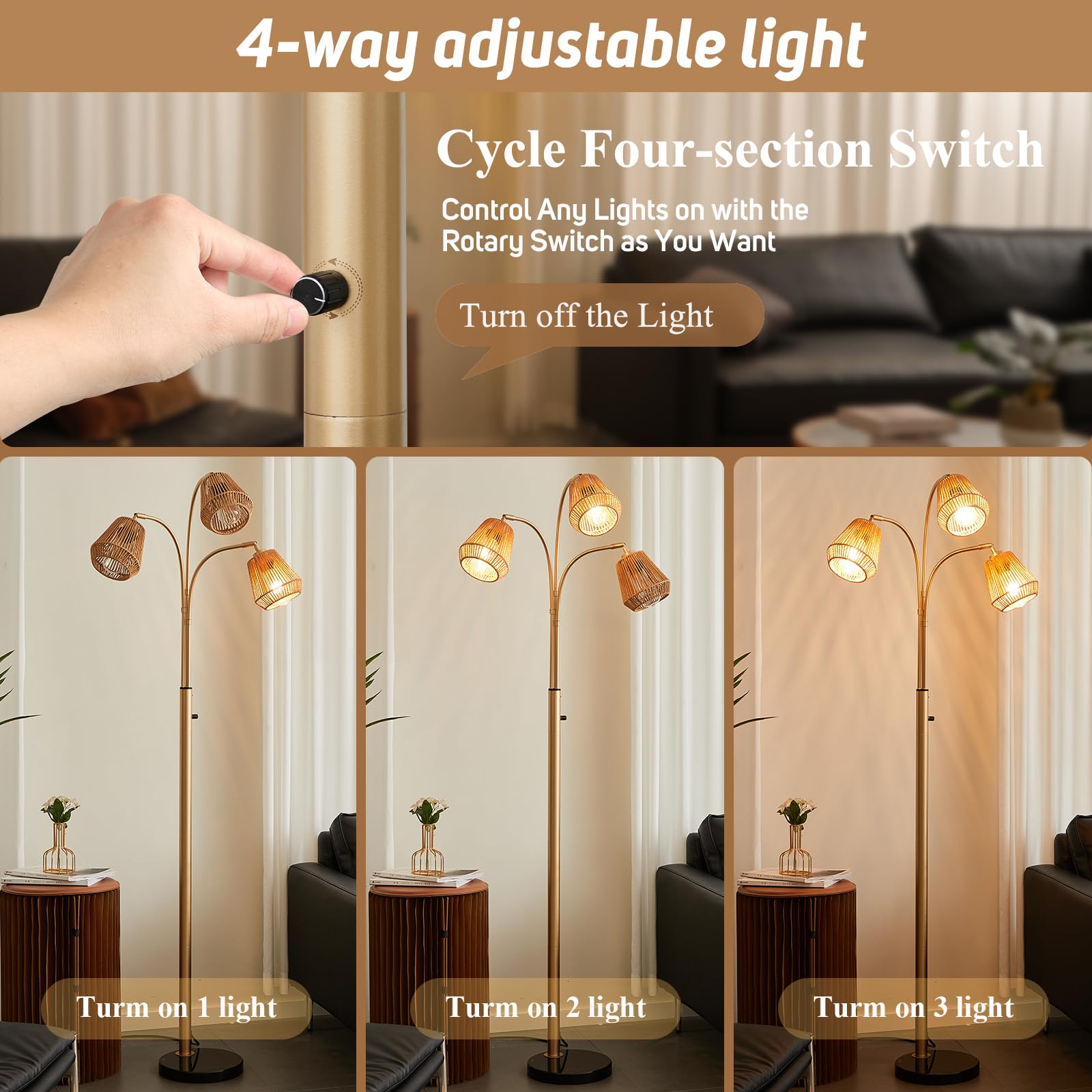 Ghcker Gold Rattan Floor Lamp For Living Room, 72 Inch Tall Boho Floor Lamp With Rotary Switch, 3 Lights Arc Lamp With Wicker Sh