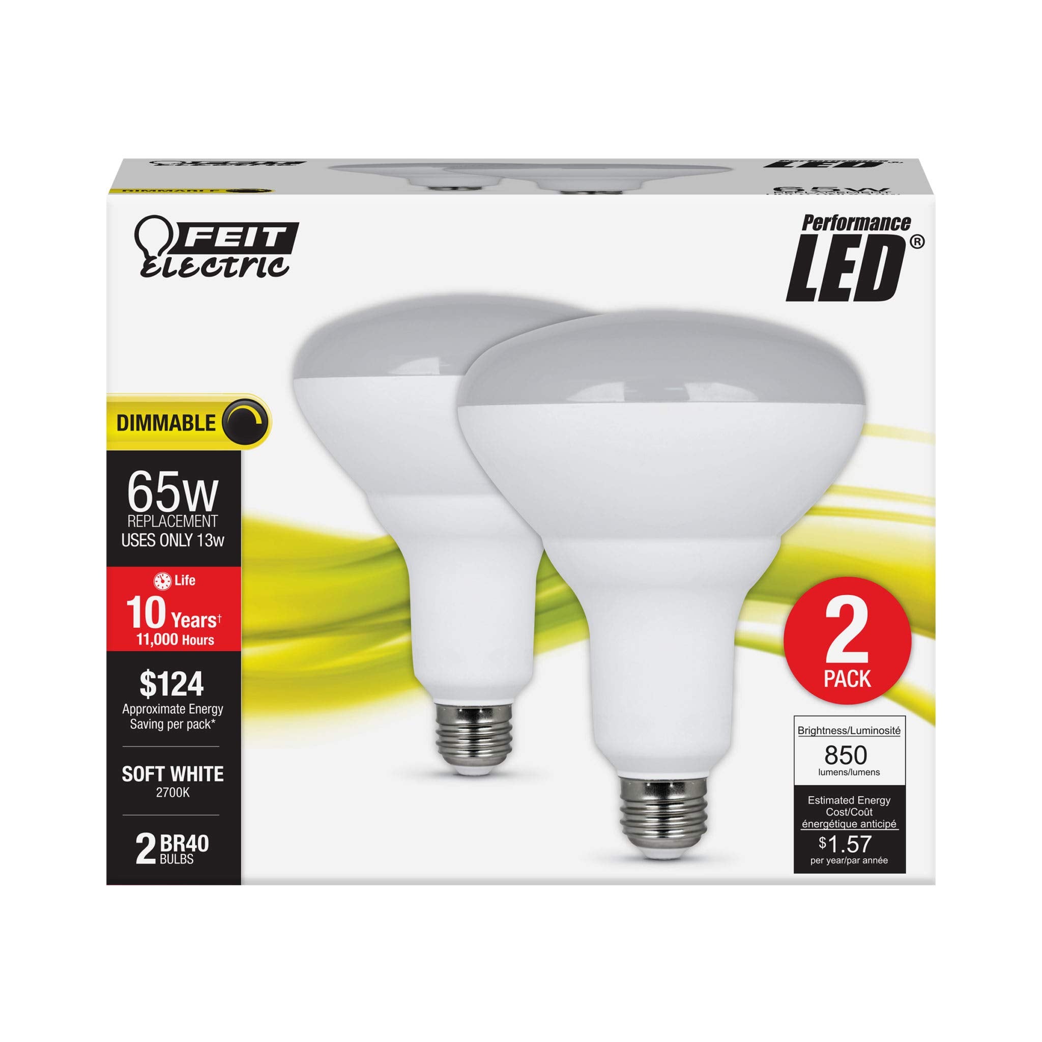 Feit Electric BR40 LED Bulbs 75W Replacement 2-Pack, Soft White, 15.5W Usage, 2 Count