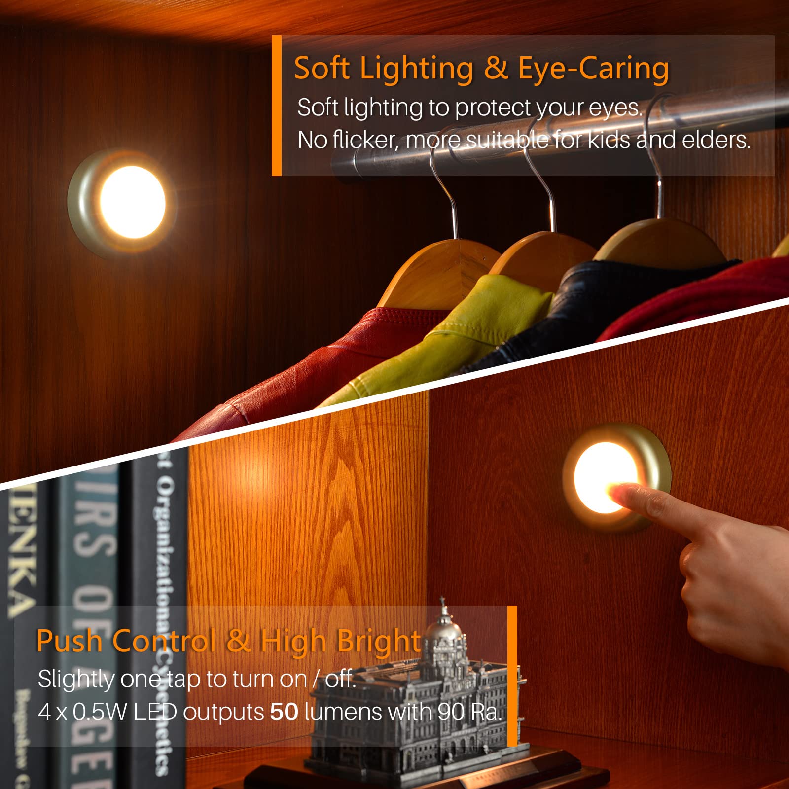 Star-Spangled 5 Pack Push Tap Lights, Led Touch Puck Lights, Golden Warm White, Battery Operated, Model Us-8016-Ye5-G