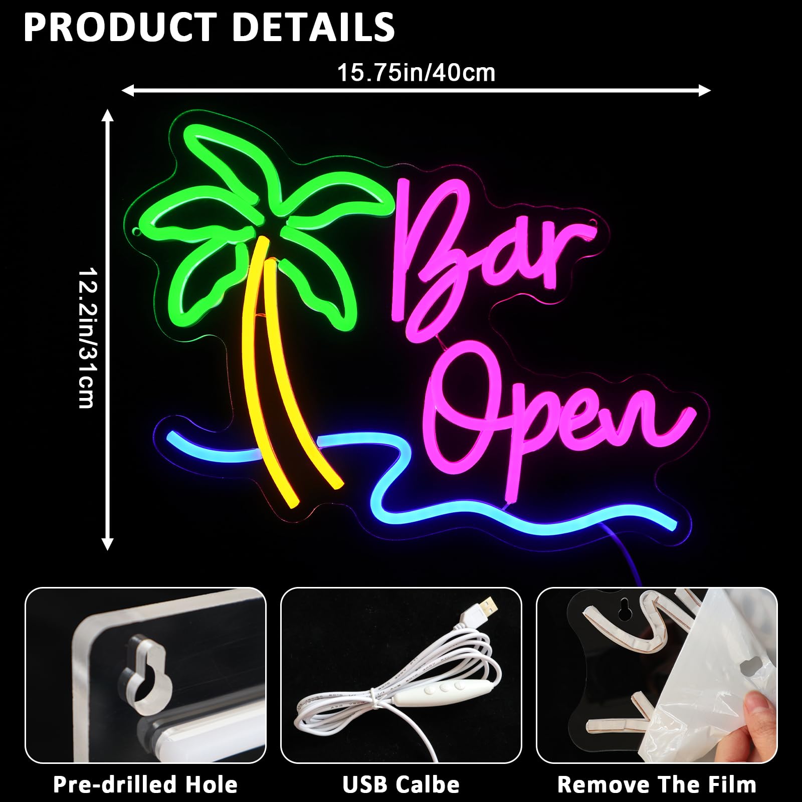 PMCVYH Neon Open Sign for Business, USB Dimmable, 15.75 x 12.2 inches, Multi-colored, Model SYL-Bar open
