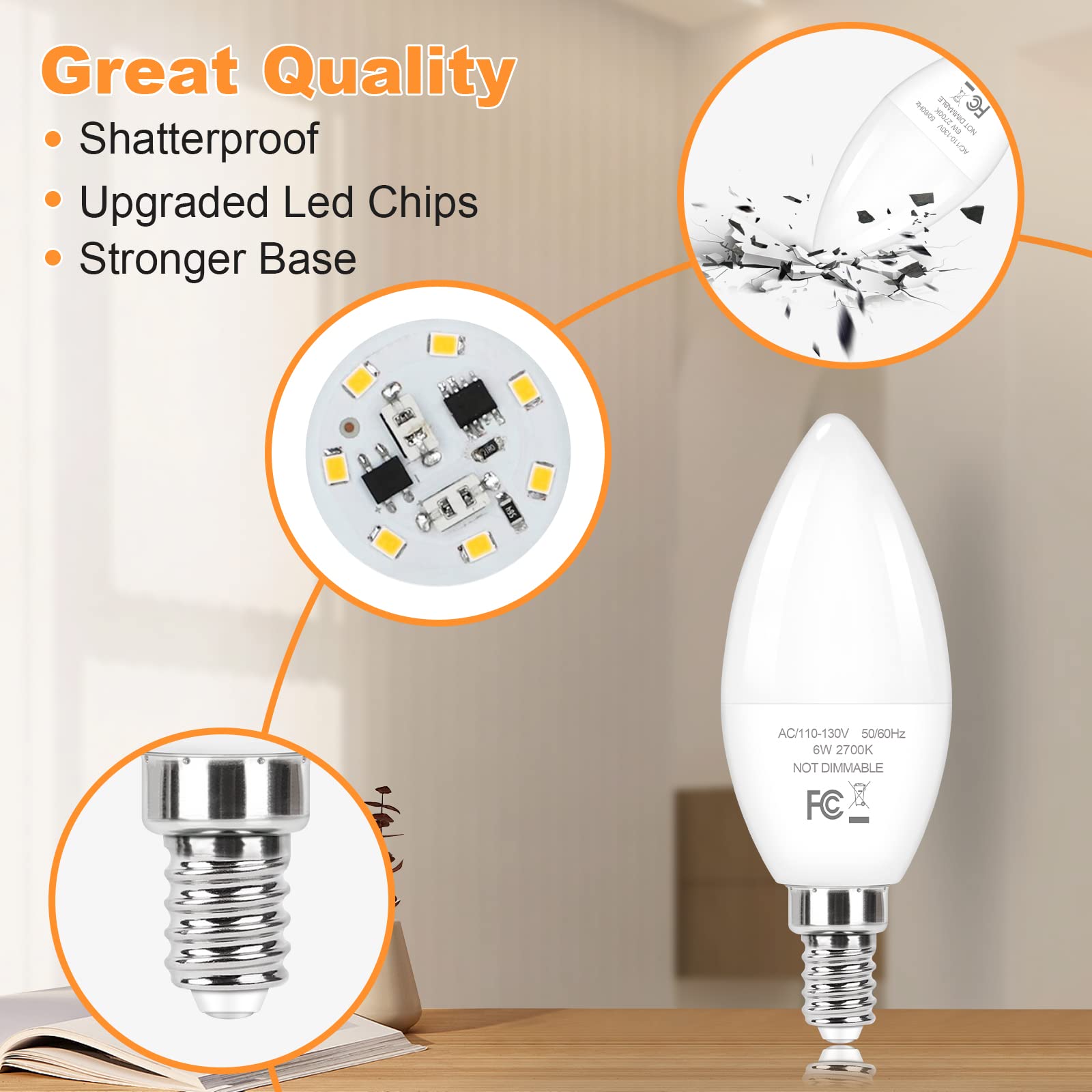 Odnora E12 Candelabra Led Light Bulbs 60W Equivalent, 2700K 6W 450 Lumens Chandelier Light Bulb, Daylight White Led Ceiling Fan