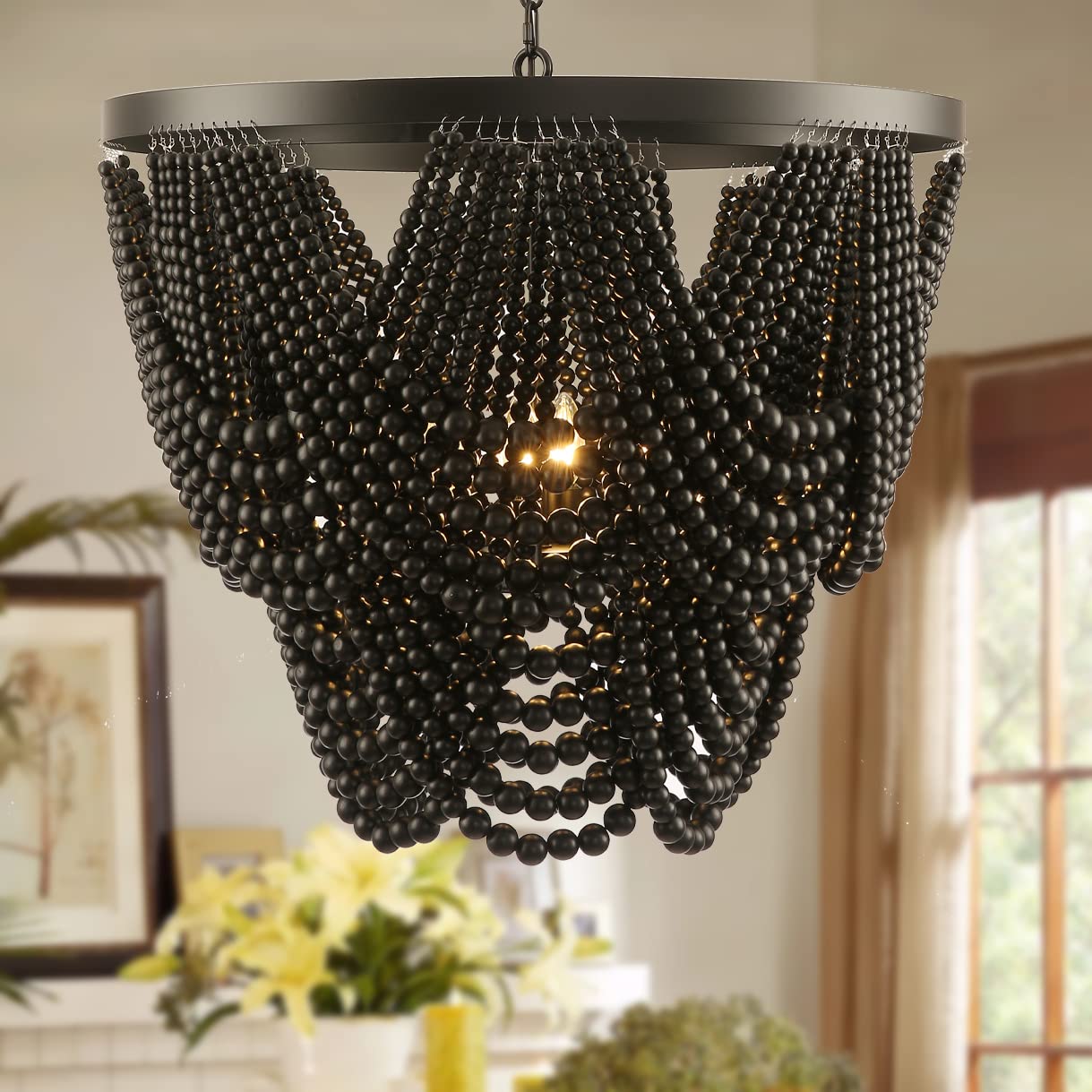 Wood Beaded Chandelier,Large 25.5 inch Boho Chandelier,Black Light Fixture Bohemia Draped Bead Rustic Farmhouse Ceiling Light Fi