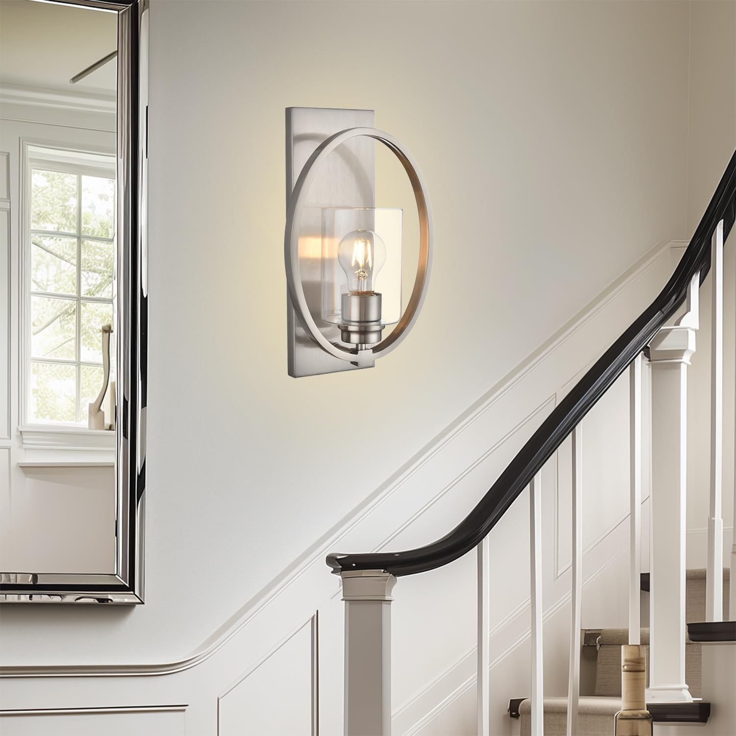 A1A9 Brushed Nickel Wall Sconce Light, 1-Light Vintage Candle Wall Sconces With Glass Shade, E26 Base, Indoor Dimmable Bathroom