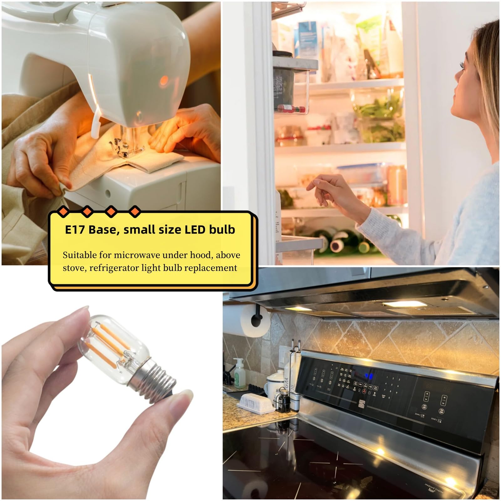 Jensense Microwave Light Bulbs Under Hood 125V 40W Equivalent For Whirlpool Microwave Light Bulb 8206232A 4W Led Appliance Bulb E17 3000K Warm White Non-Dimmable, 2 Pack