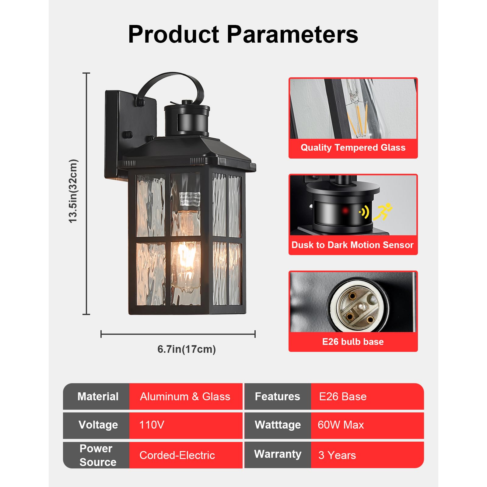 YJXGDIL Outdoor Porch Lights with Remote Control, Motion Sensor, 3 Lighting Modes, 2 Pack, Black, Metal, Model H2001-2B-RW