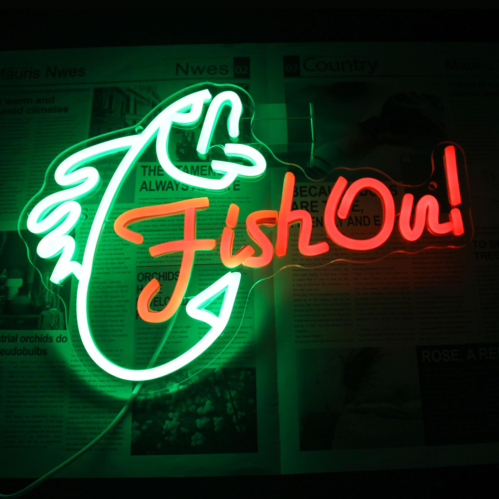 Kullneon LED Neon Sign - Fish On Dimmable Wall Light, Green Red Acrylic, Model YL-Fish On, Ideal for Bedroom, Living Room, Man Cave Decor