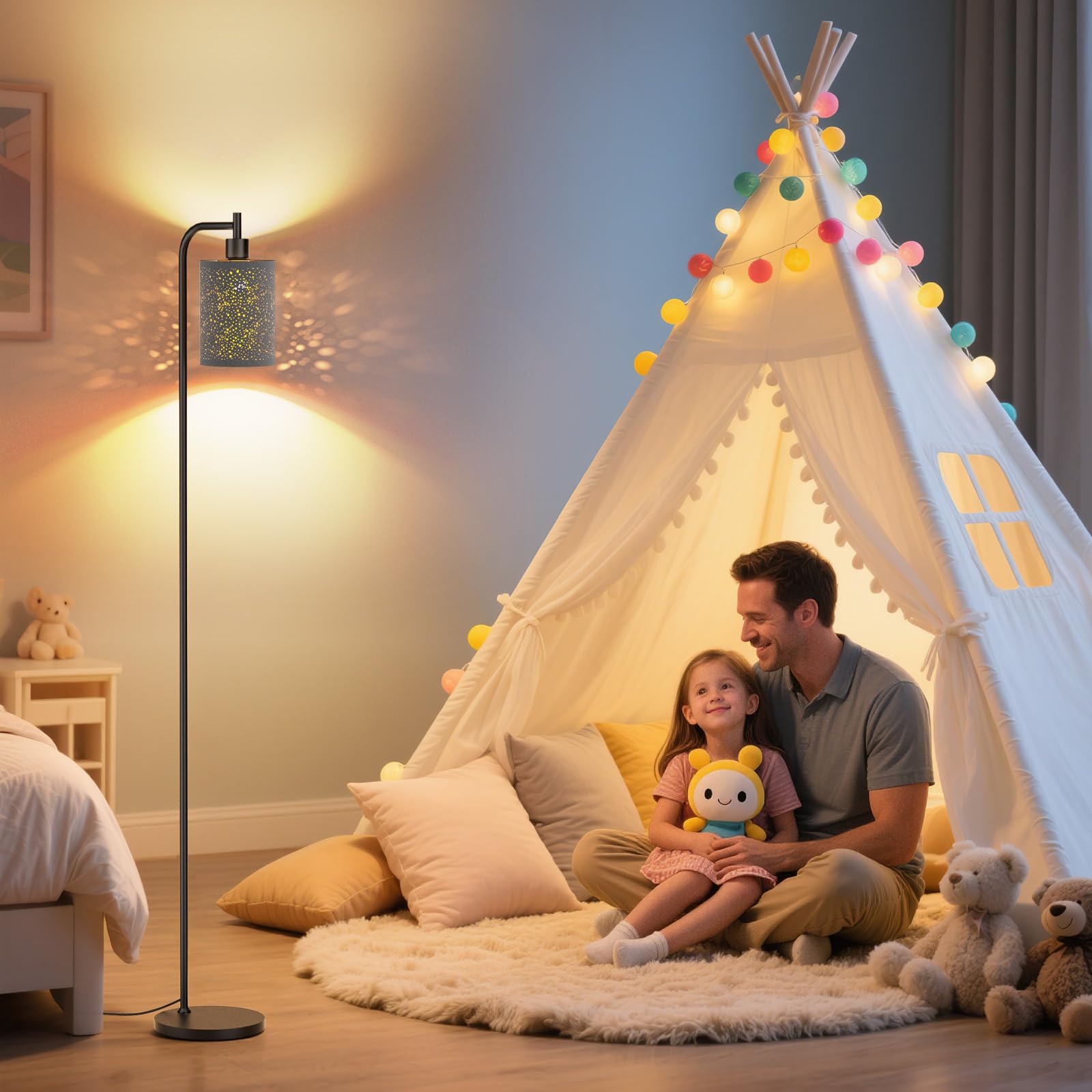 SIBRILLE Dimmable Floor Lamp with Remote Control, 9W LED, Linen Shade, Starry Sky Finish, Model BP-F072 for Living Room & Office