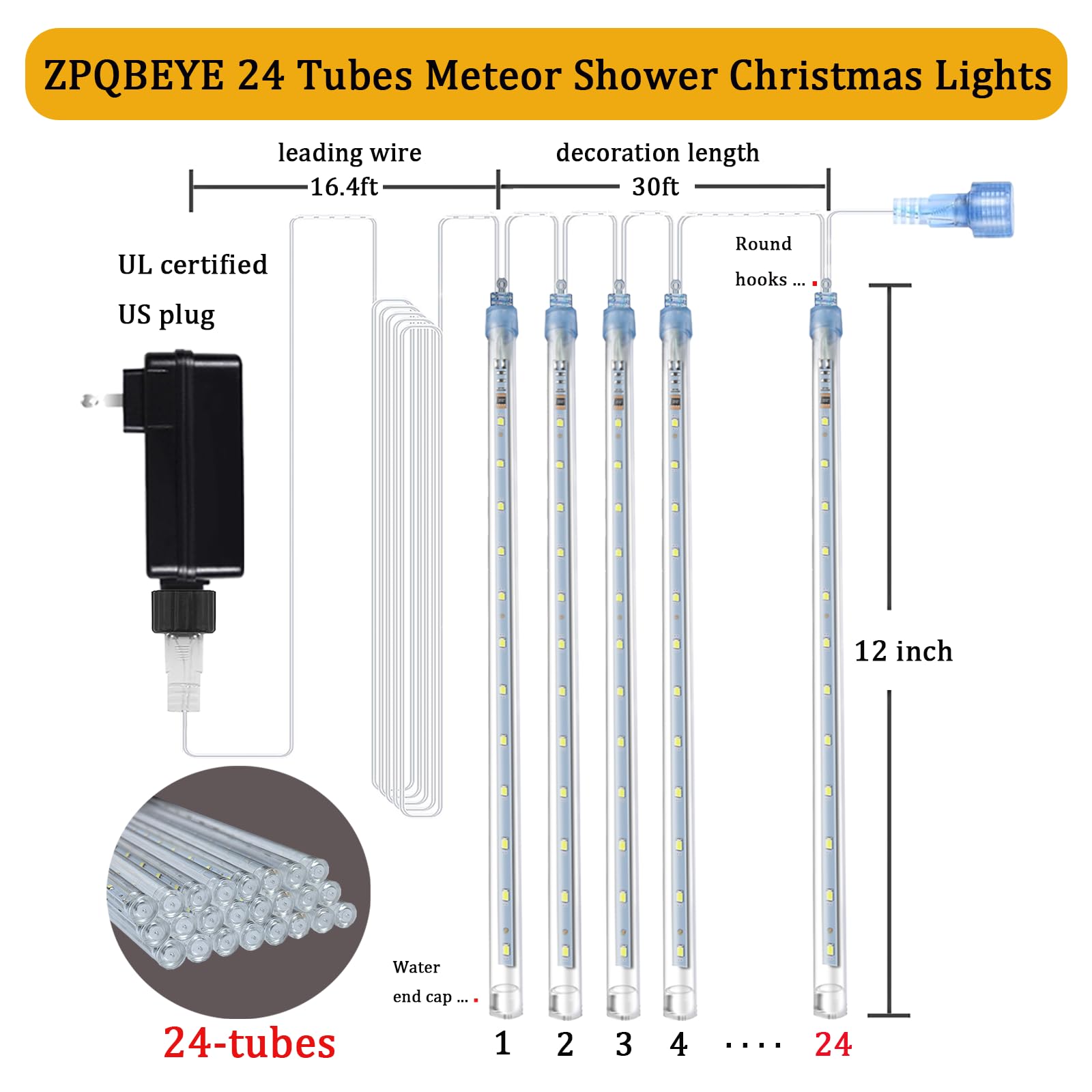 Zpqbeye Meteor Shower Lights Outdoor Christmas Lights 24-Tube 576Leds Snow Falling Rain Cascading Icicle Lights For Christmas Tree Decorations Wedding Party Holiday Garden Decor, Ul Plug Multi Color