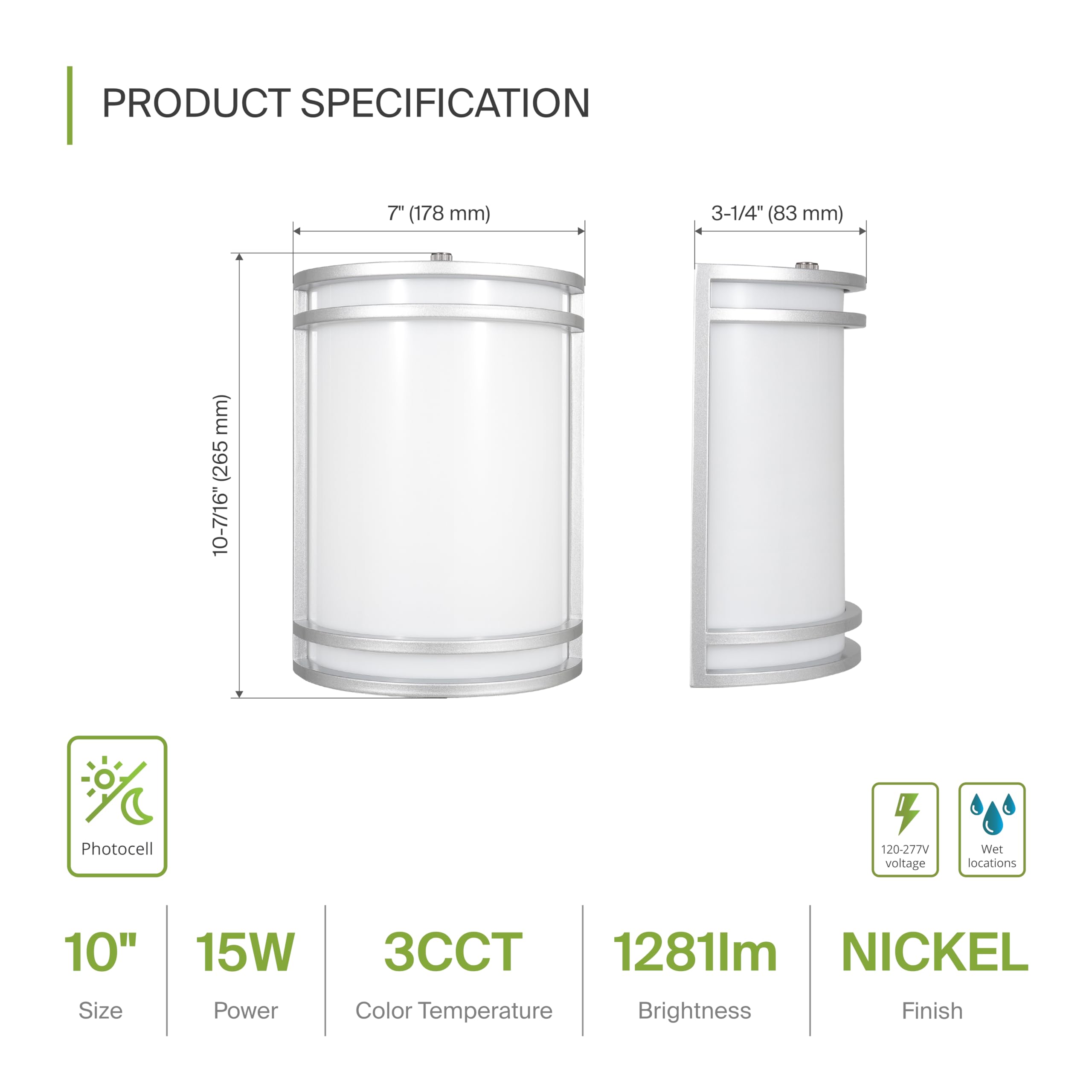 ASD 10 Inch LED Dusk to Dawn Outdoor Wall Mount Light Fixture - Brushed Nickel Modern Wall Sconce Lighting with Photocell - 120-