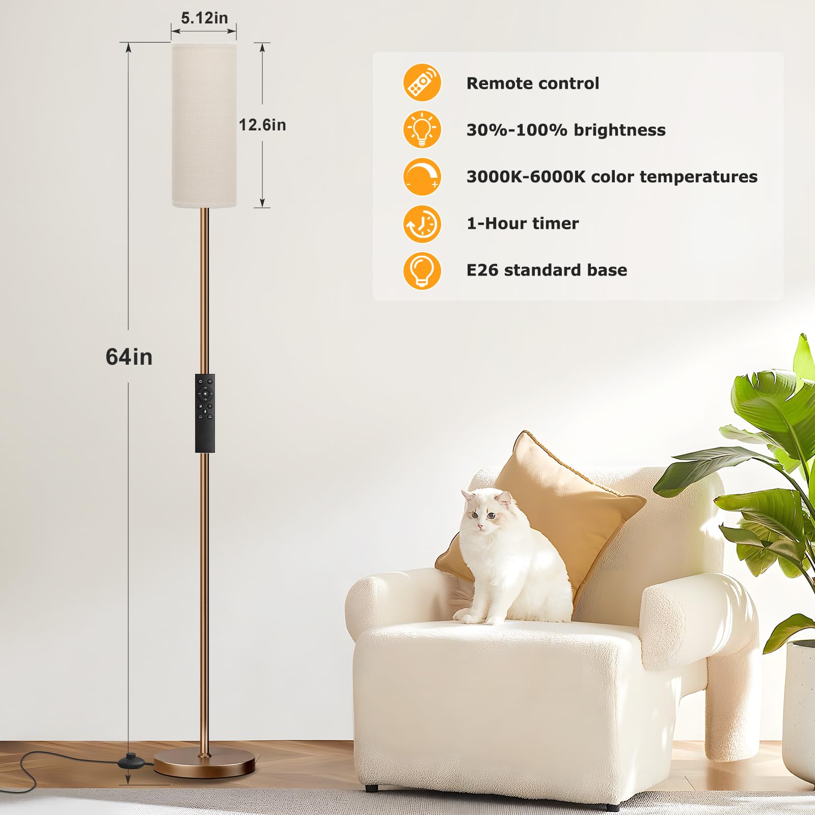 Ambimall 64'' Floor Lamps For Living Room With Remote Control And Stepless Dimmable Colors Temperature & Brightness, 9W Bulb Included(Beige Lampshade & Brown Pole)
