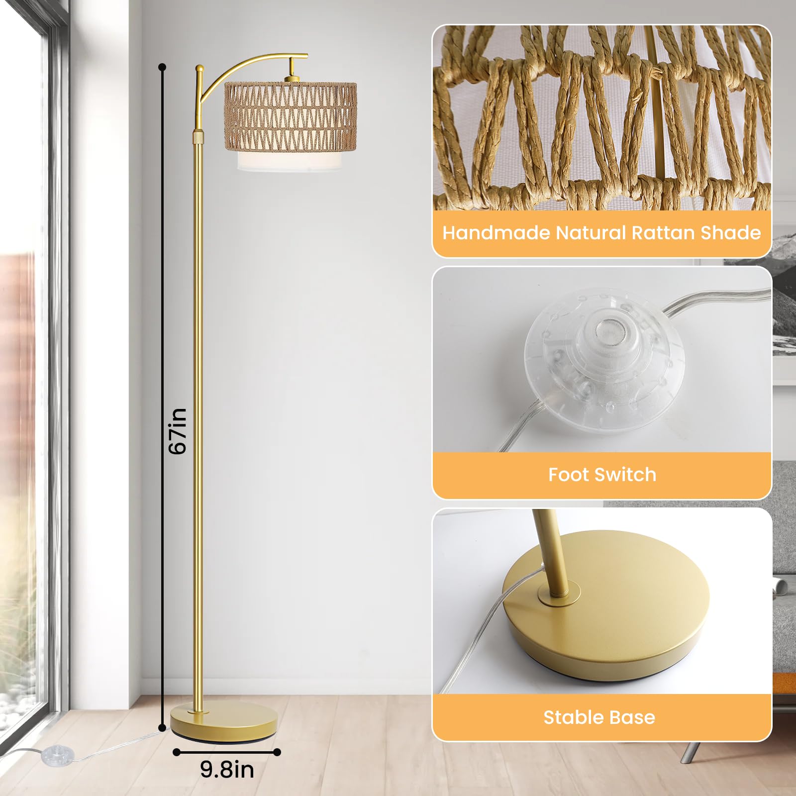 Yusist Arc Floor Lamp For Living Room,Gold Floor Lamps With Remote Control & Dimmable Bulb,Rattan Boho Tall Standing Lamp For Be