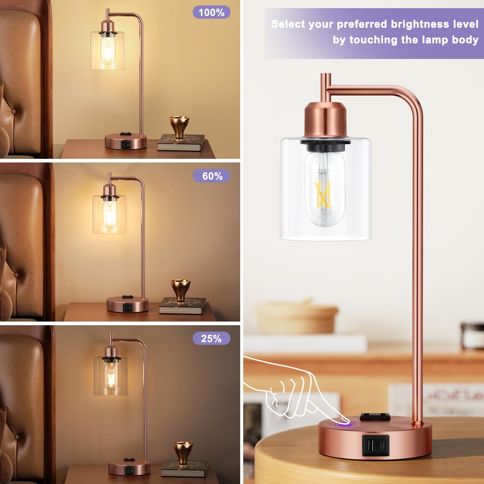 Innqoo Industrial Touch Table Lamps For Bedrooms Set Of 2-3-Way Dimmable Lamps With Usb C+A Ports And Outlet, Copper Bedside Lam
