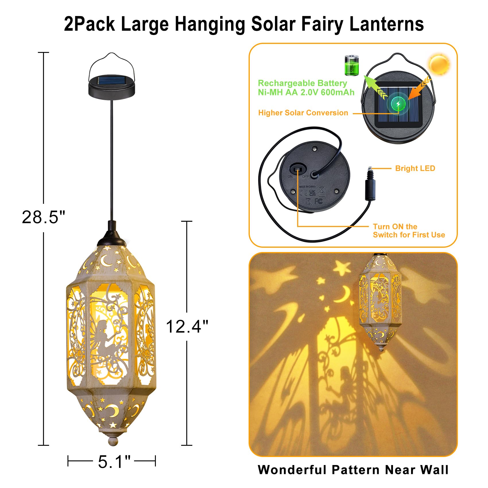 Outdoor Solar Lanterns Waterproof Fairy Moon Garden Gifts For Women Mom12.4‘’ Metal Garden Lanterns Hanging Light For Patio Backyard Decorations, Mothers Day Birthday Gifts (Gold White,2Pack)