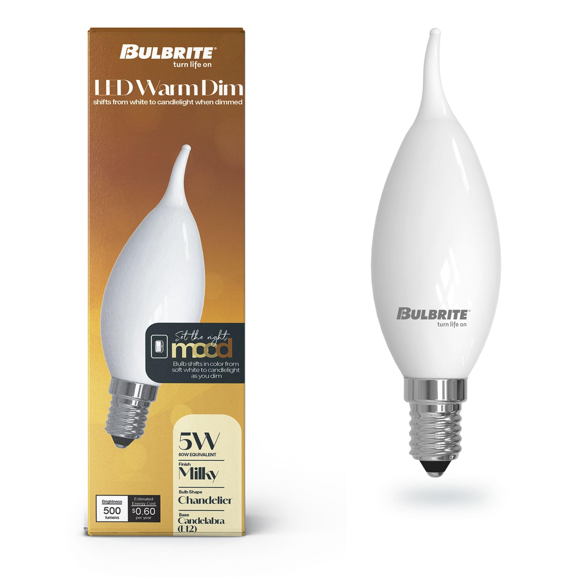 5 Watt Led Ca10 Light Bulbs, Warm Dimming 3000K (Soft White) - 1800K (Candlelight), 500 Lumens
